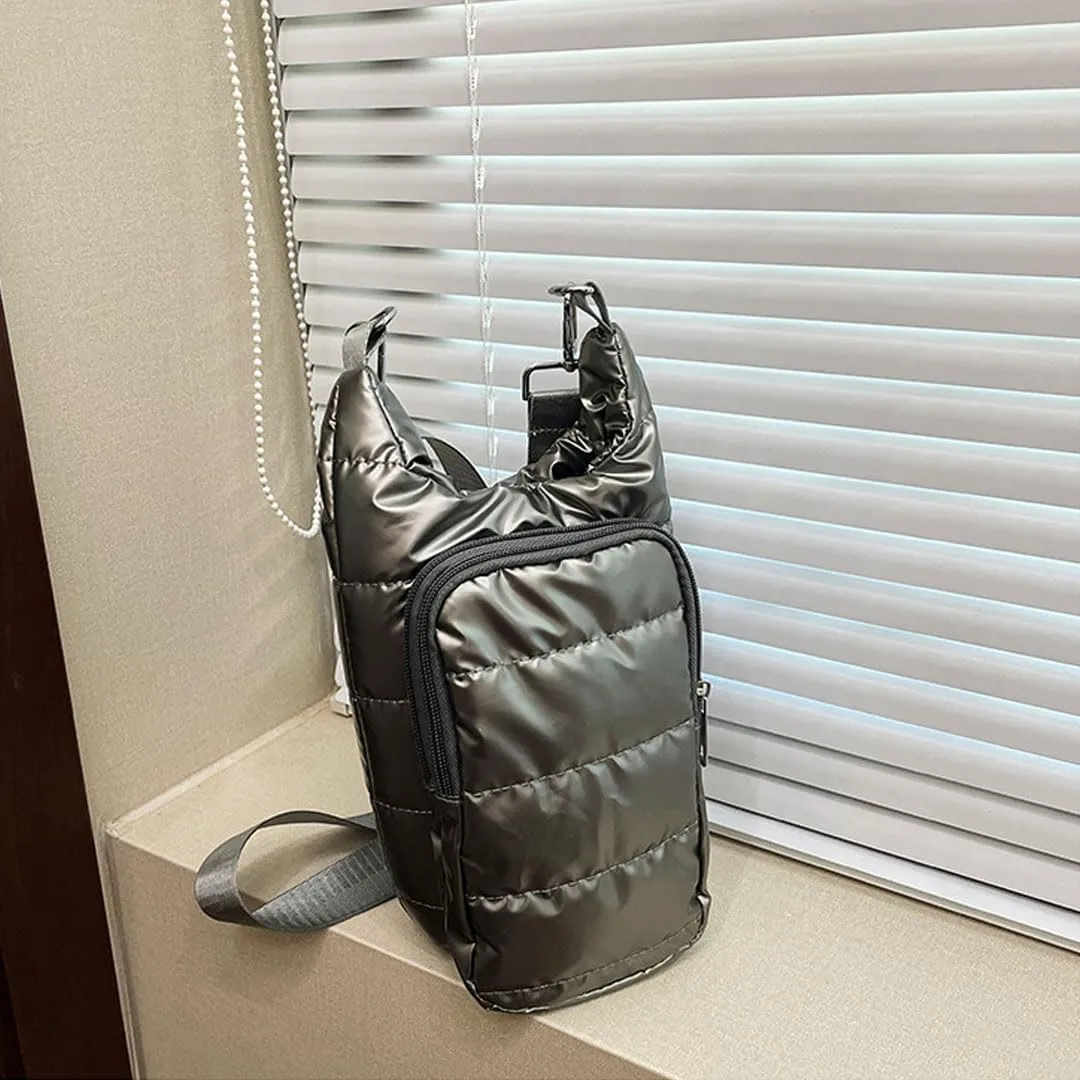 Water Bottle Carrier Bag with Phone Pocket Puffer Tote Bag Quilted Crossbody Shoulder Bag Water Bottle Holder with Strap