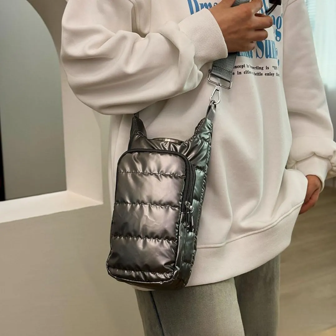 Water Bottle Carrier Bag with Phone Pocket Puffer Tote Bag Quilted Crossbody Shoulder Bag Water Bottle Holder with Strap