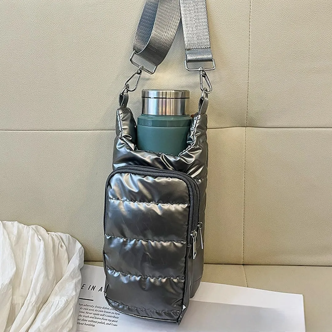 Water Bottle Carrier Bag with Phone Pocket Puffer Tote Bag Quilted Crossbody Shoulder Bag Water Bottle Holder with Strap