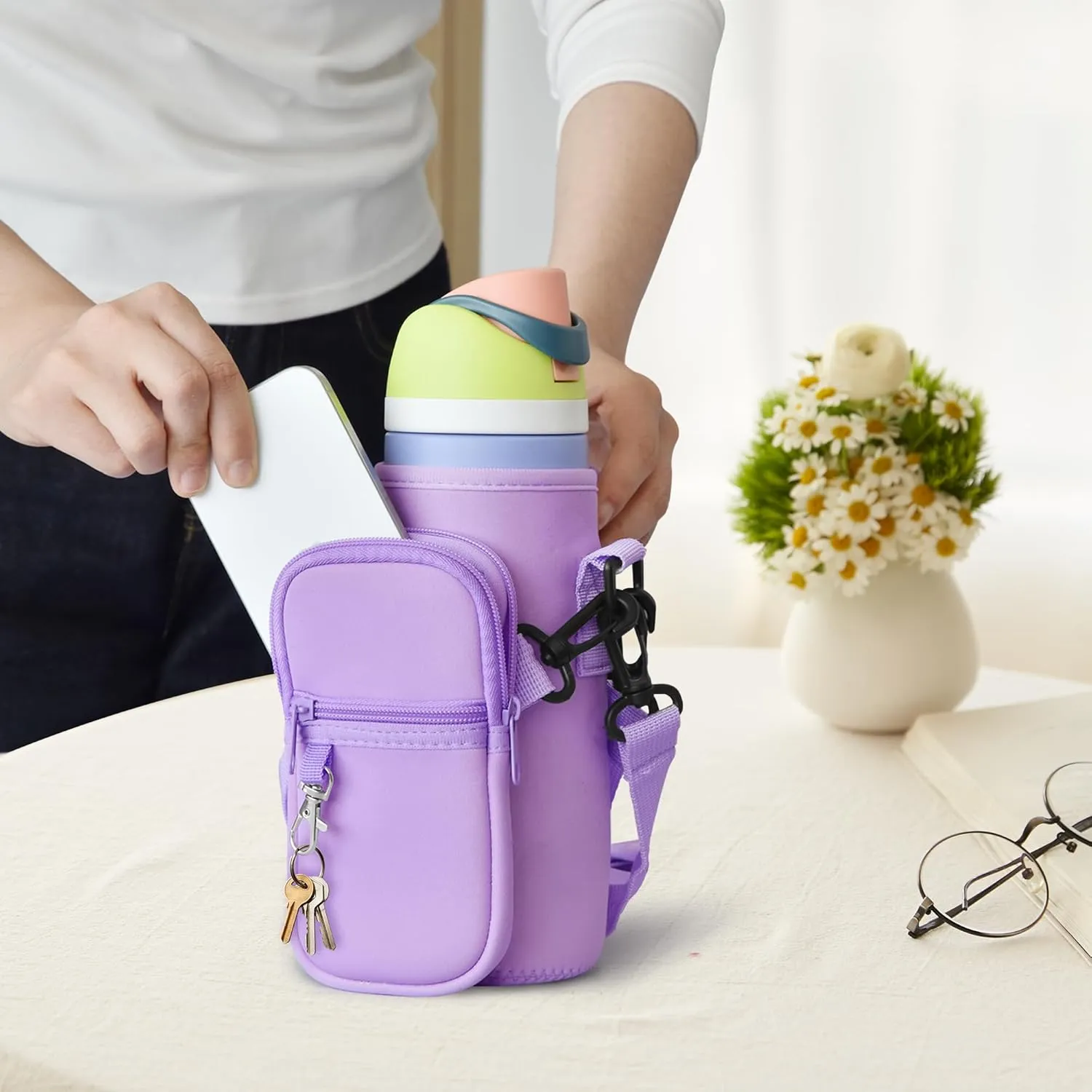 Water Bottle Carrier Bag with Strap for Owala FreeSip 24/32oz with Detachable Phone Pocket for Owala Accessories 24/32oz Water Bottle Sleeve for Walking Camping Gym