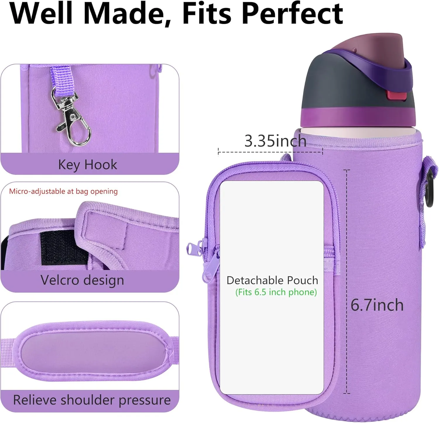 Water Bottle Carrier Bag with Strap for Owala FreeSip 24/32oz with Detachable Phone Pocket for Owala Accessories 24/32oz Water Bottle Sleeve for Walking Camping Gym