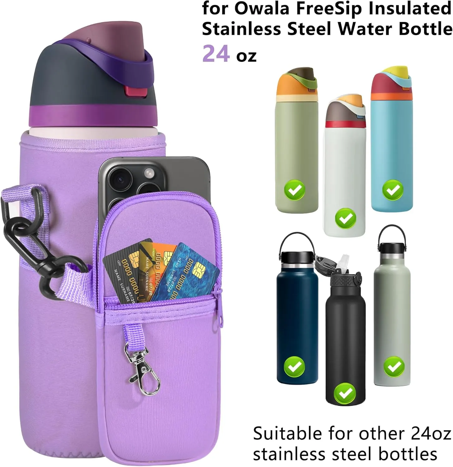Water Bottle Carrier Bag with Strap for Owala FreeSip 24/32oz with Detachable Phone Pocket for Owala Accessories 24/32oz Water Bottle Sleeve for Walking Camping Gym