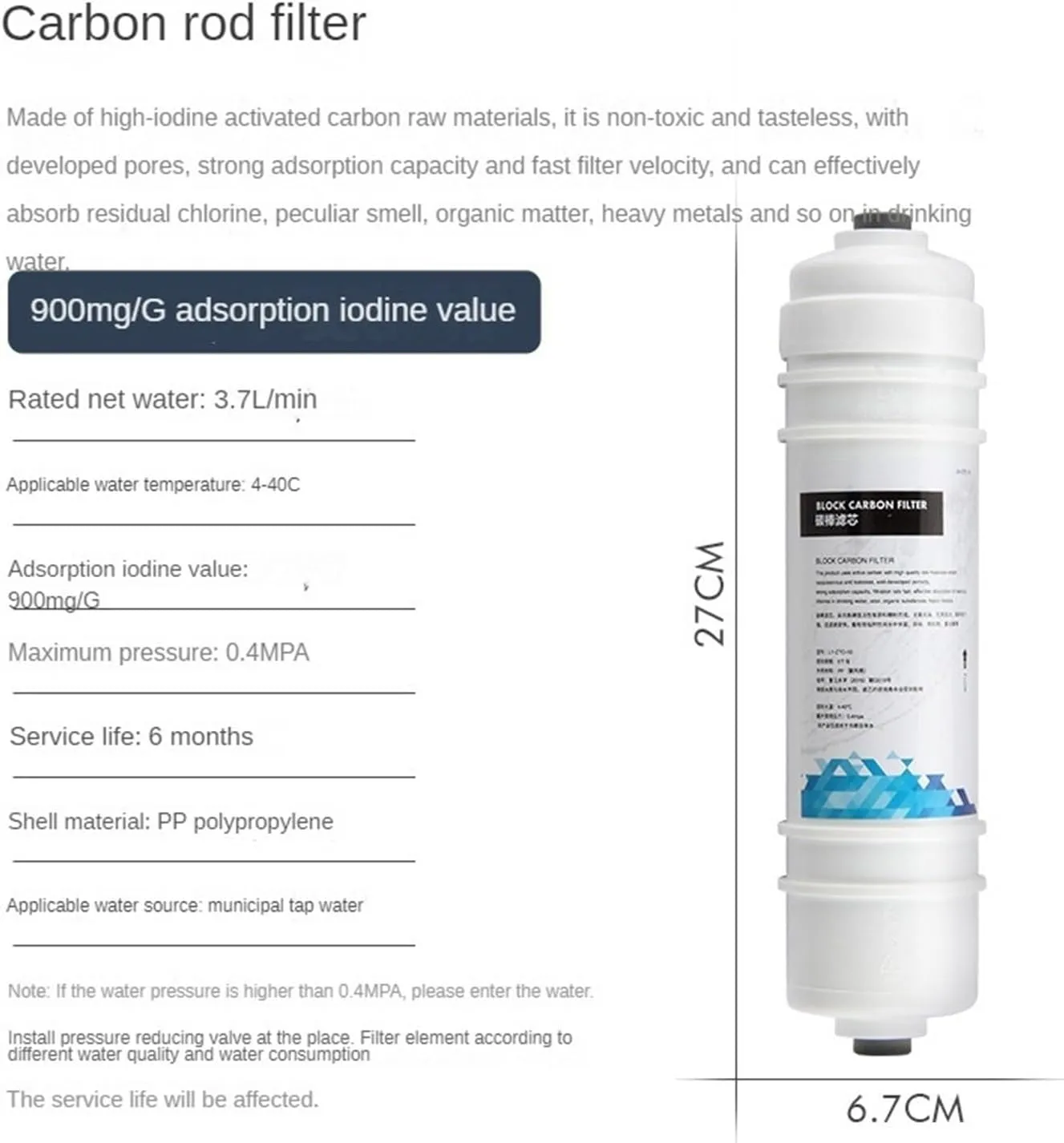 Water Purification Filter 10inch Water Filter Replacement,PP Cotton,T33 Actived Carbon Water Filter Removal The Cholorine,Water Filter(CTO1)