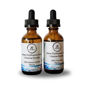Water Purification Kit - 2-Part Chlorine Dioxide Solution (Sodium Chlorite & Citric Acid), 2x50 mL