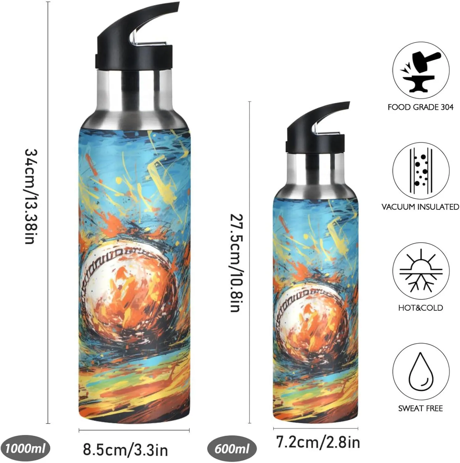 Watercolor Art Kickball Sport Water Bottle Insulated Stainless Steel Large Vacuum Flask Leak Proof Thermos with Straw for Travel(600ml/1000ml)