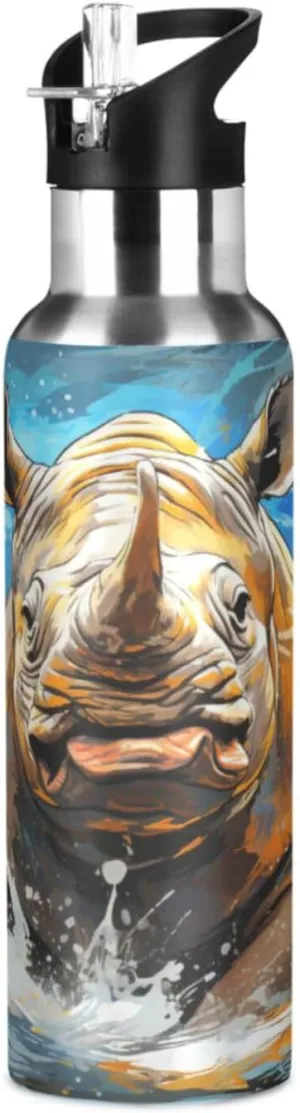Watercolor Art Rhinoceros Sport Water Bottle Insulated Stainless Steel Large Vacuum Flask Leak Proof Thermos with Straw for Travel(600ml/1000ml)