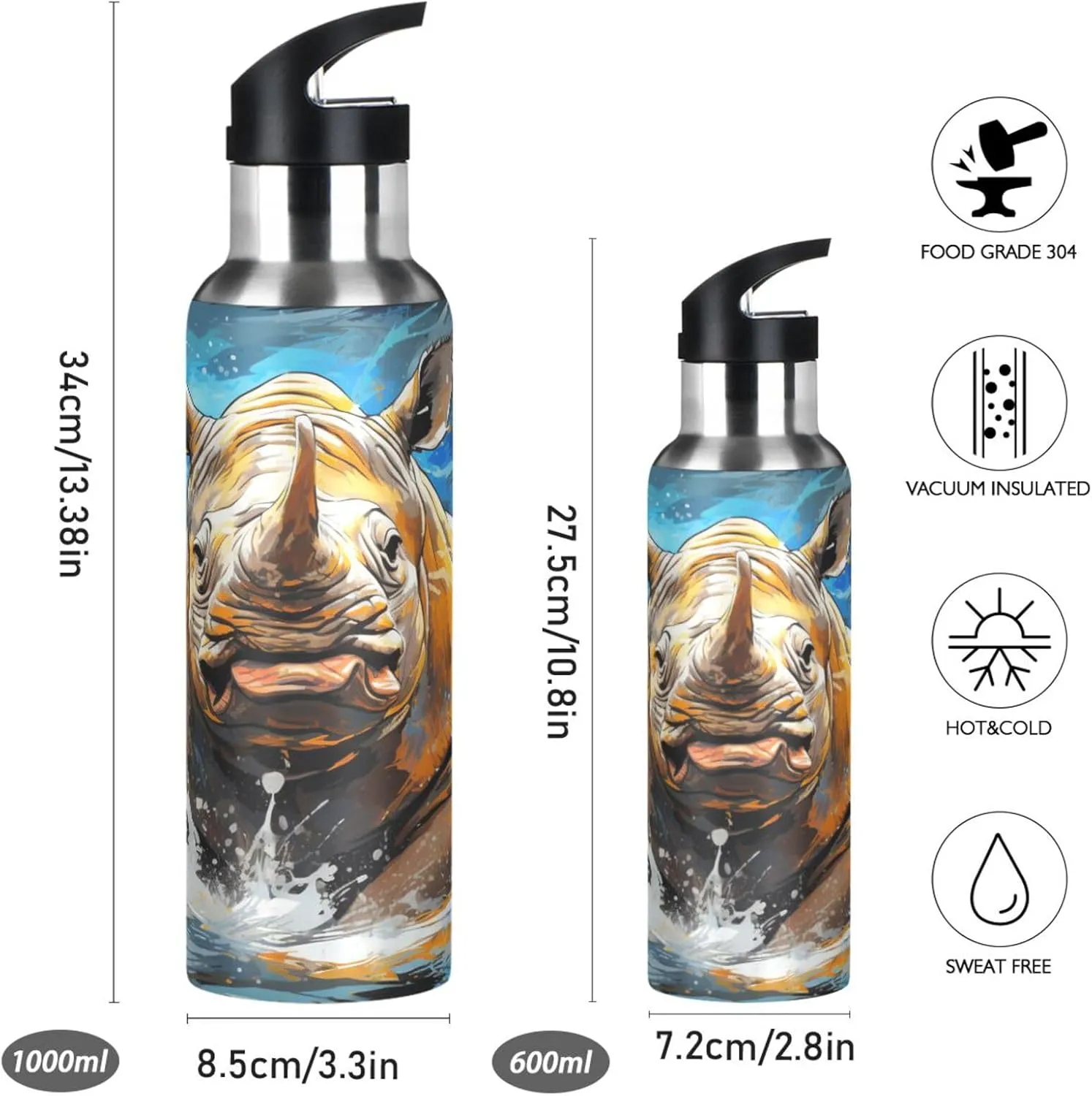 Watercolor Art Rhinoceros Sport Water Bottle Insulated Stainless Steel Large Vacuum Flask Leak Proof Thermos with Straw for Travel(600ml/1000ml)