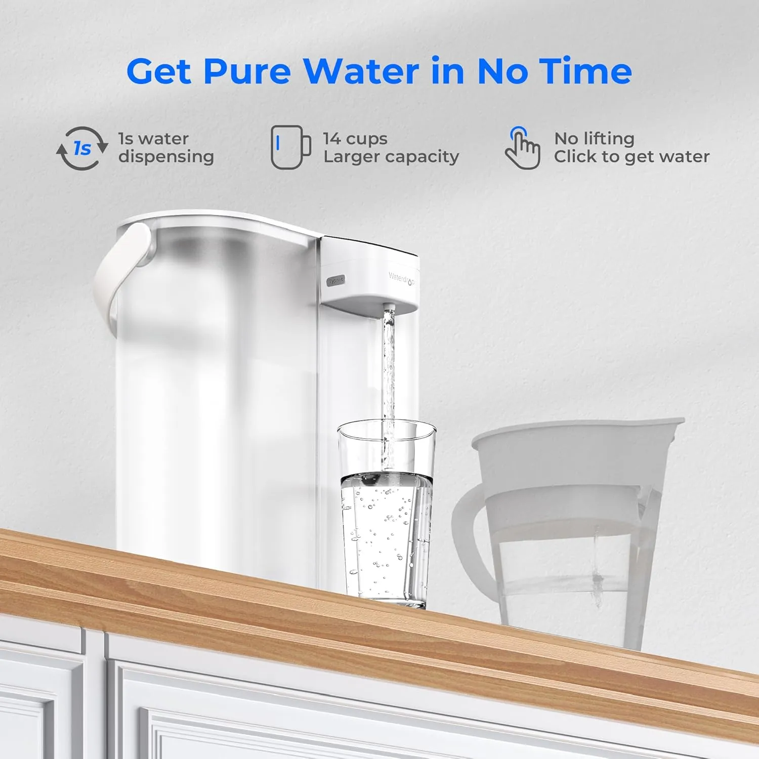 Waterdrop Compact Electric Water Filter Pitcher, 200-Gallon Rechargeable Instant Powerful Dispenser, NSF/ANSI 42&53&401, Reduce PFAS, Lead, Chlorine, 14-Cup, White, with 1 Filter, Does not Lower TDS