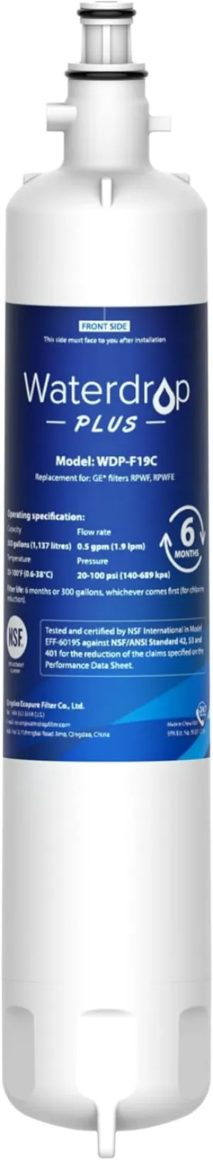 Waterdrop Plus WDP-F19C Replacement for GE® RPWFE®, RPWF (with CHIP) NSF 401 Refrigerator Water Filter, Compatible with GFE28GBLTS, GFE28GSKSS, PFE28KMKES, GFD28GYNFS, GFD28GBLTS, PWE23KYNFS