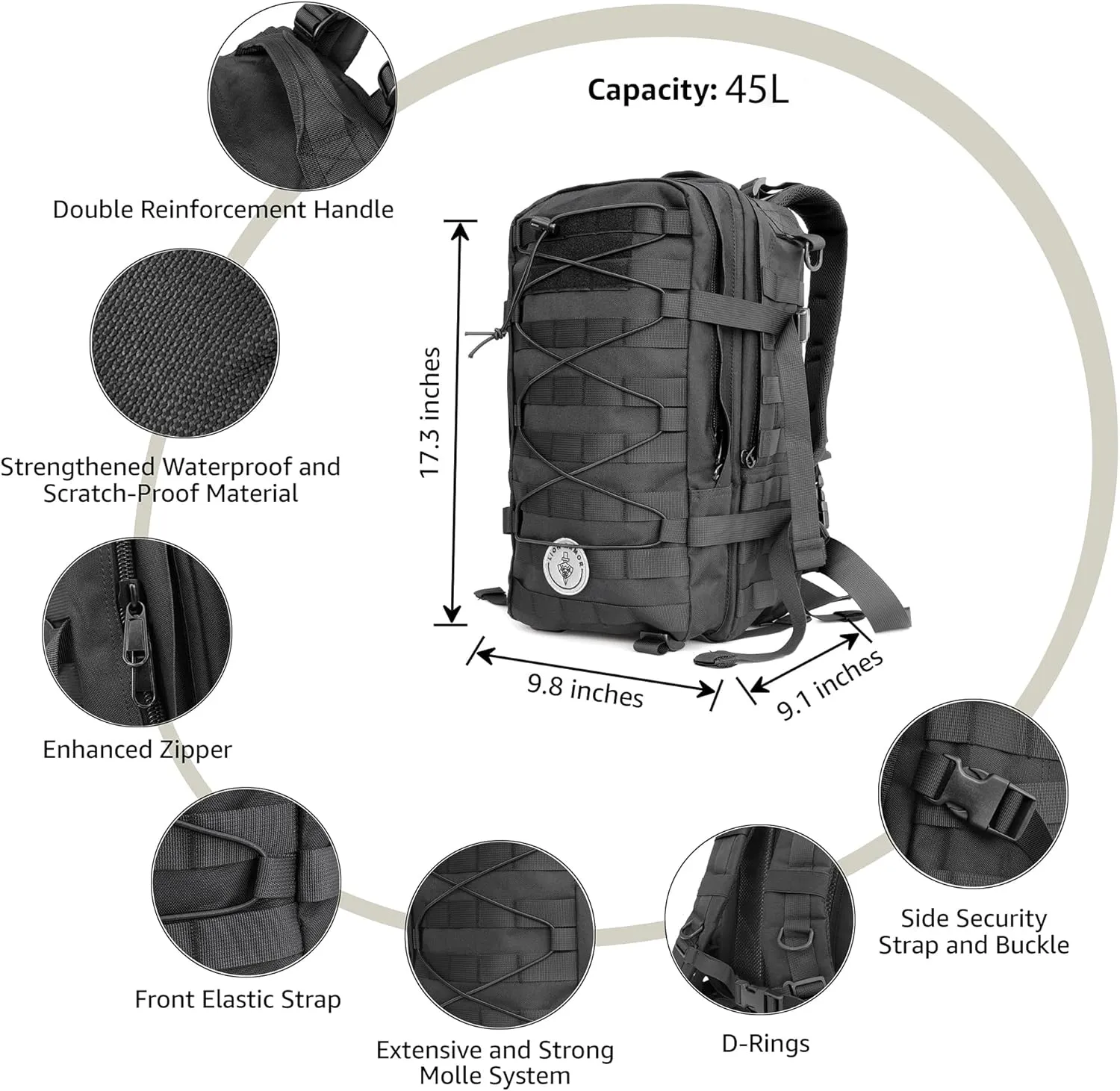 Waterproof Tactical Laptop Backpack, 40L, Rope Model (Black)
