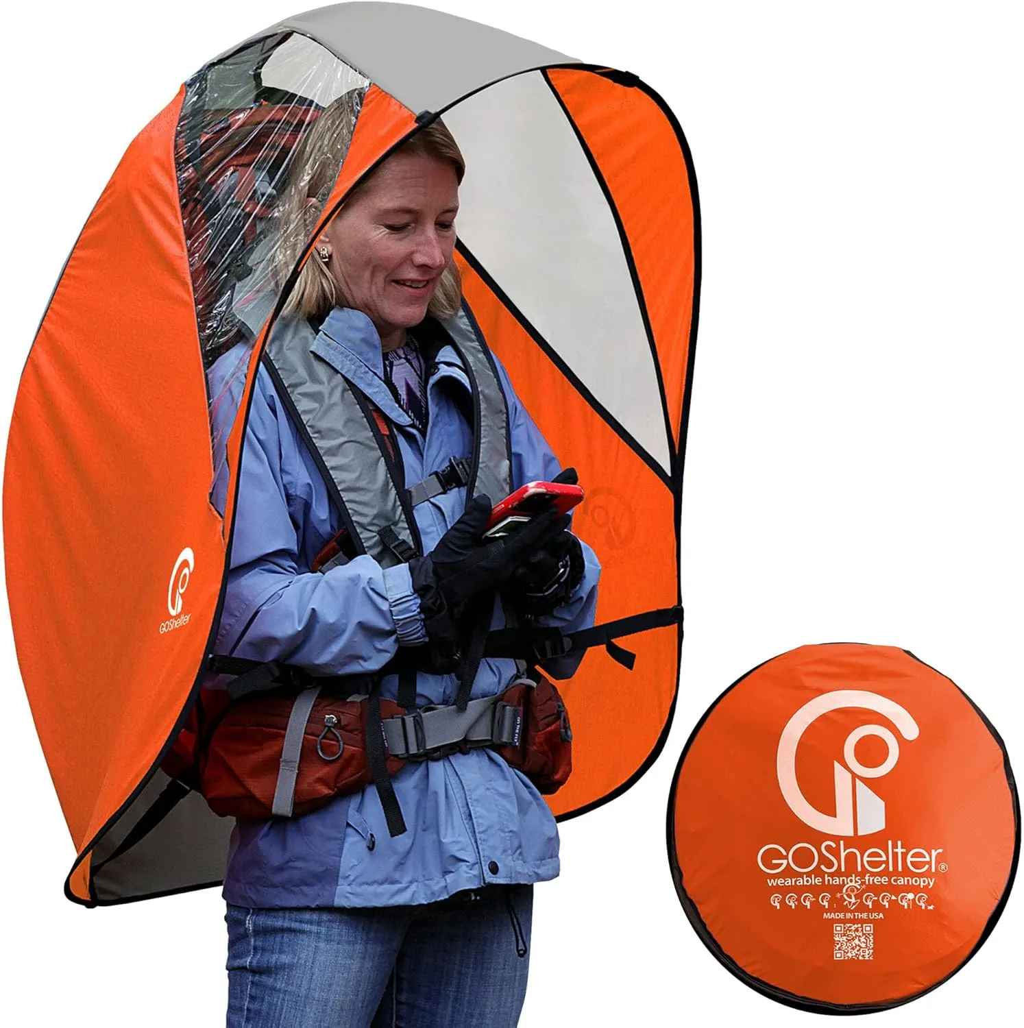 Wearable Umbrella Hands Free for Adults, Backpack Shade Canopy - Made in USA, Orange