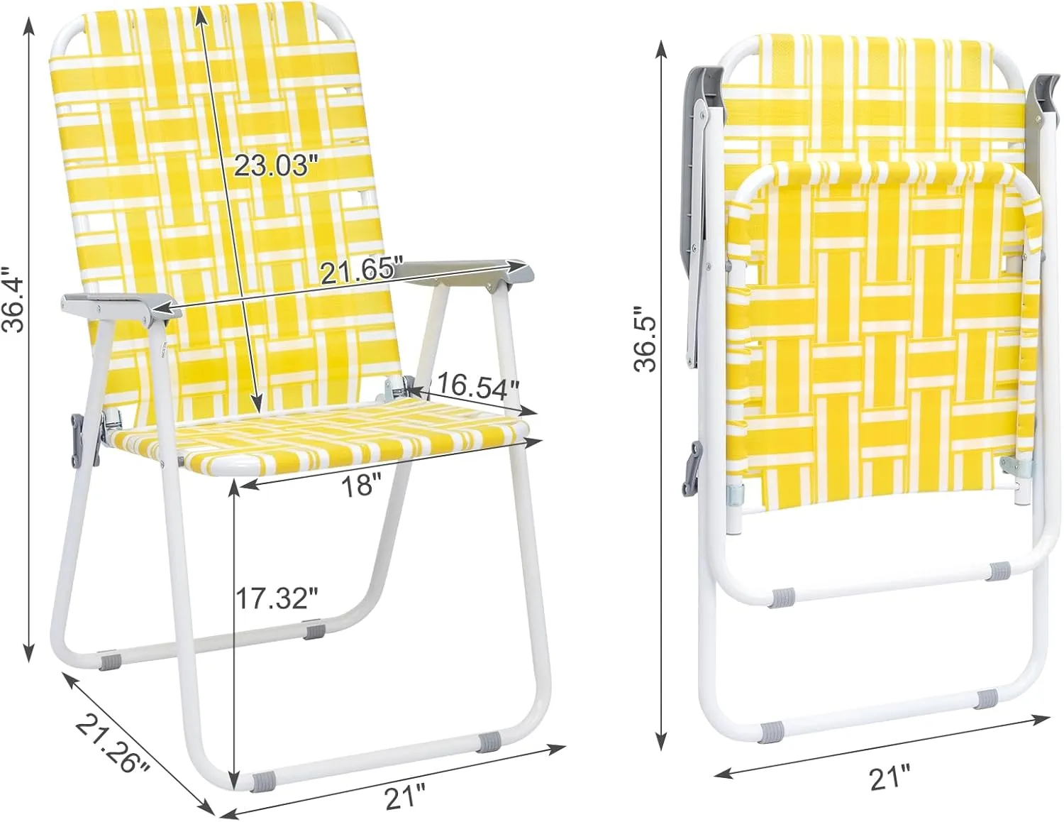 Webbed Patio Lawn Beach Chairs 2 Packs - Lightweight, Sturdy, Comfortable, Portable, and Stylish Folding Chairs for Yard, Garden (Yellow)