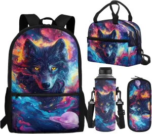 WELLFLYHOM Wolf Kids Book Bags for Boys Ages 6-8 School Bookbag and Lunchbox Pencil Case Water Bottle Sleeve Tie Dye 4 Pcs Kids Backpack Set Gift for Back to School Season