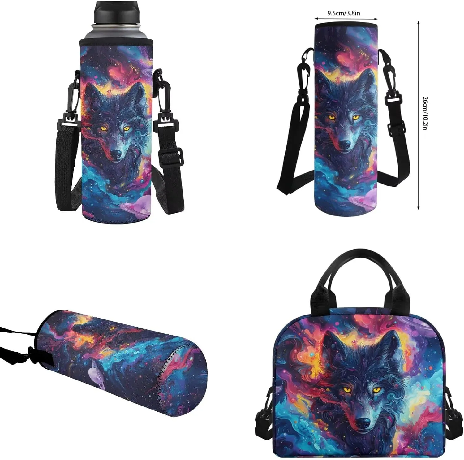 WELLFLYHOM Wolf Kids Book Bags for Boys Ages 6-8 School Bookbag and Lunchbox Pencil Case Water Bottle Sleeve Tie Dye 4 Pcs Kids Backpack Set Gift for Back to School Season