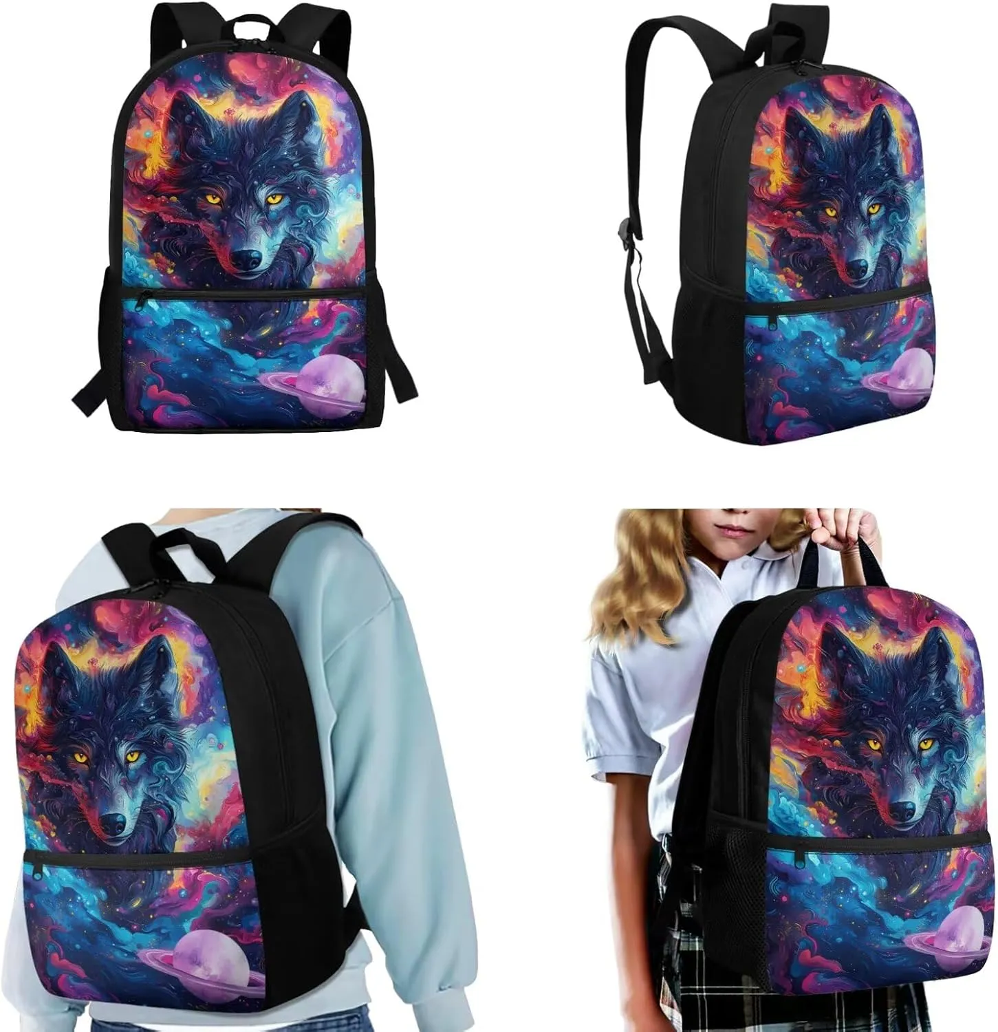 WELLFLYHOM Wolf Kids Book Bags for Boys Ages 6-8 School Bookbag and Lunchbox Pencil Case Water Bottle Sleeve Tie Dye 4 Pcs Kids Backpack Set Gift for Back to School Season