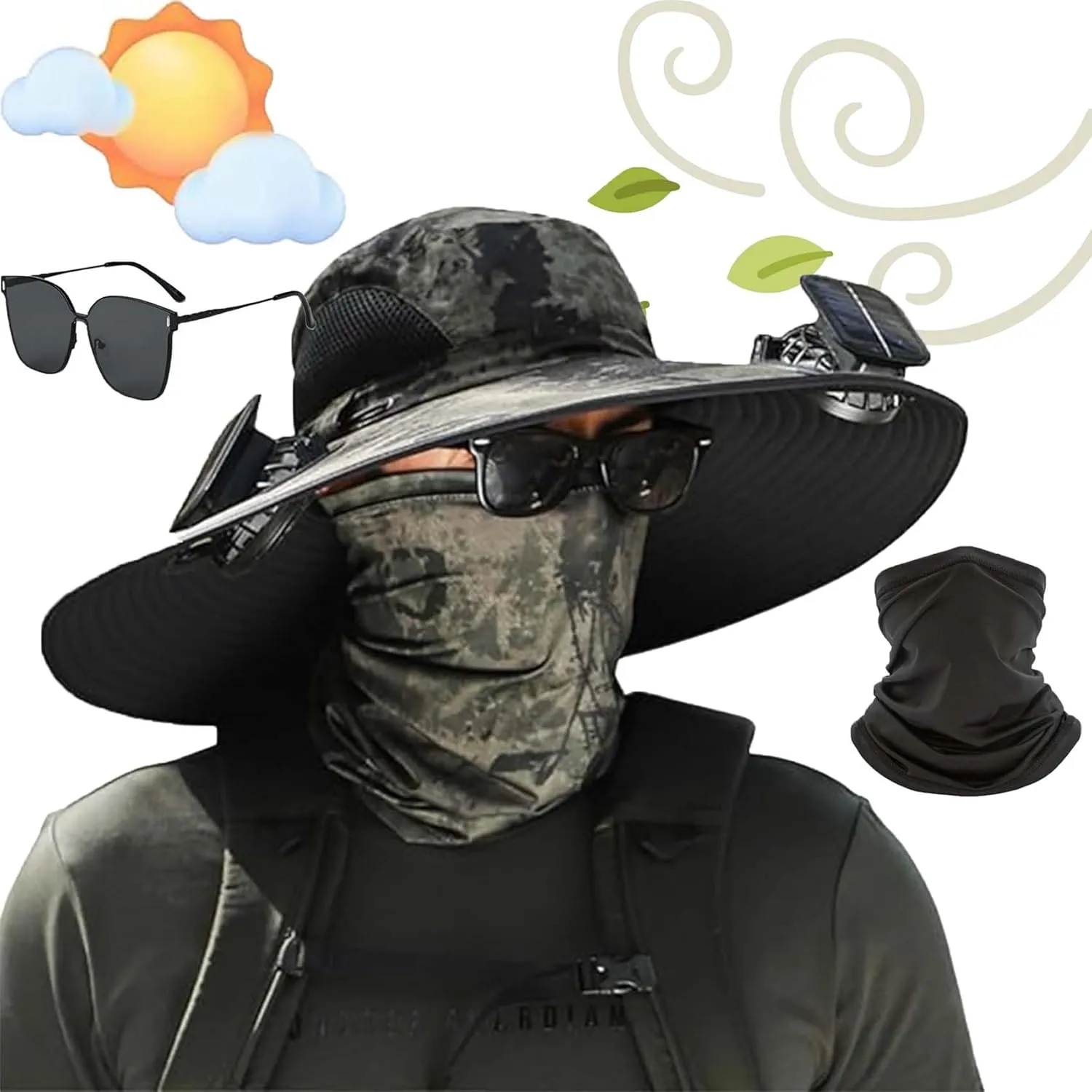 Wide Brim Solar Fan Outdoor Fishing Hat-Solar & USB Charging, Waterproof Removable Outdoor Solar Fan Hats