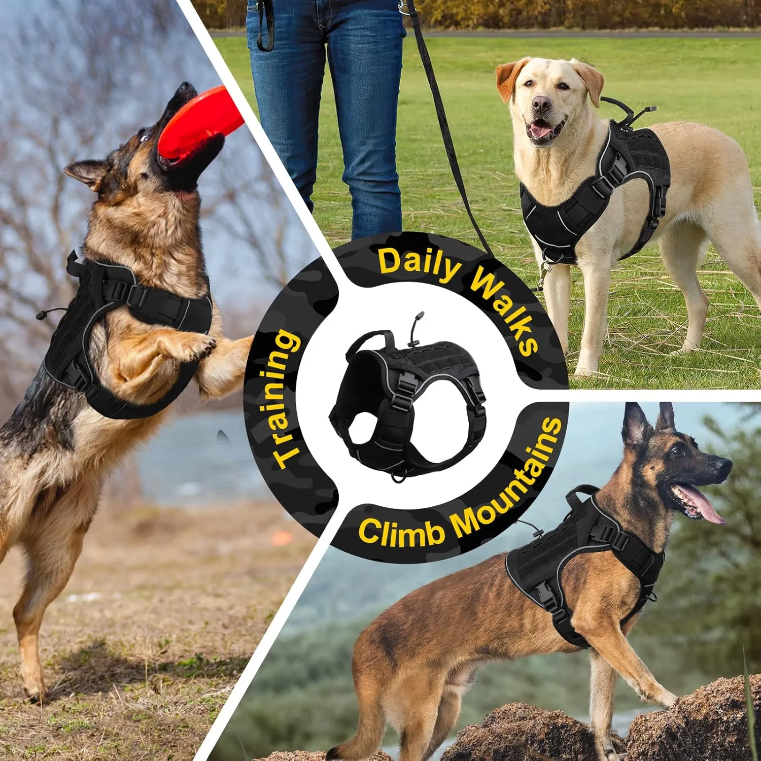 WINGOIN Black Tactical Dog Harness for Large Dogs No Pull Adjustable Pet Harness with Handle Reflective K9 Military Service Dog Vest for Walking Hiking Training (L)