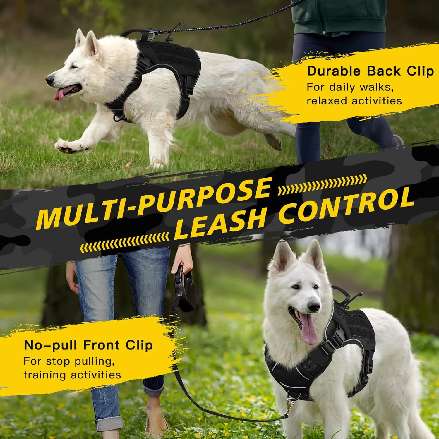 WINGOIN Black Tactical Dog Harness for Large Dogs No Pull Adjustable Pet Harness with Handle Reflective K9 Military Service Dog Vest for Walking Hiking Training (L)