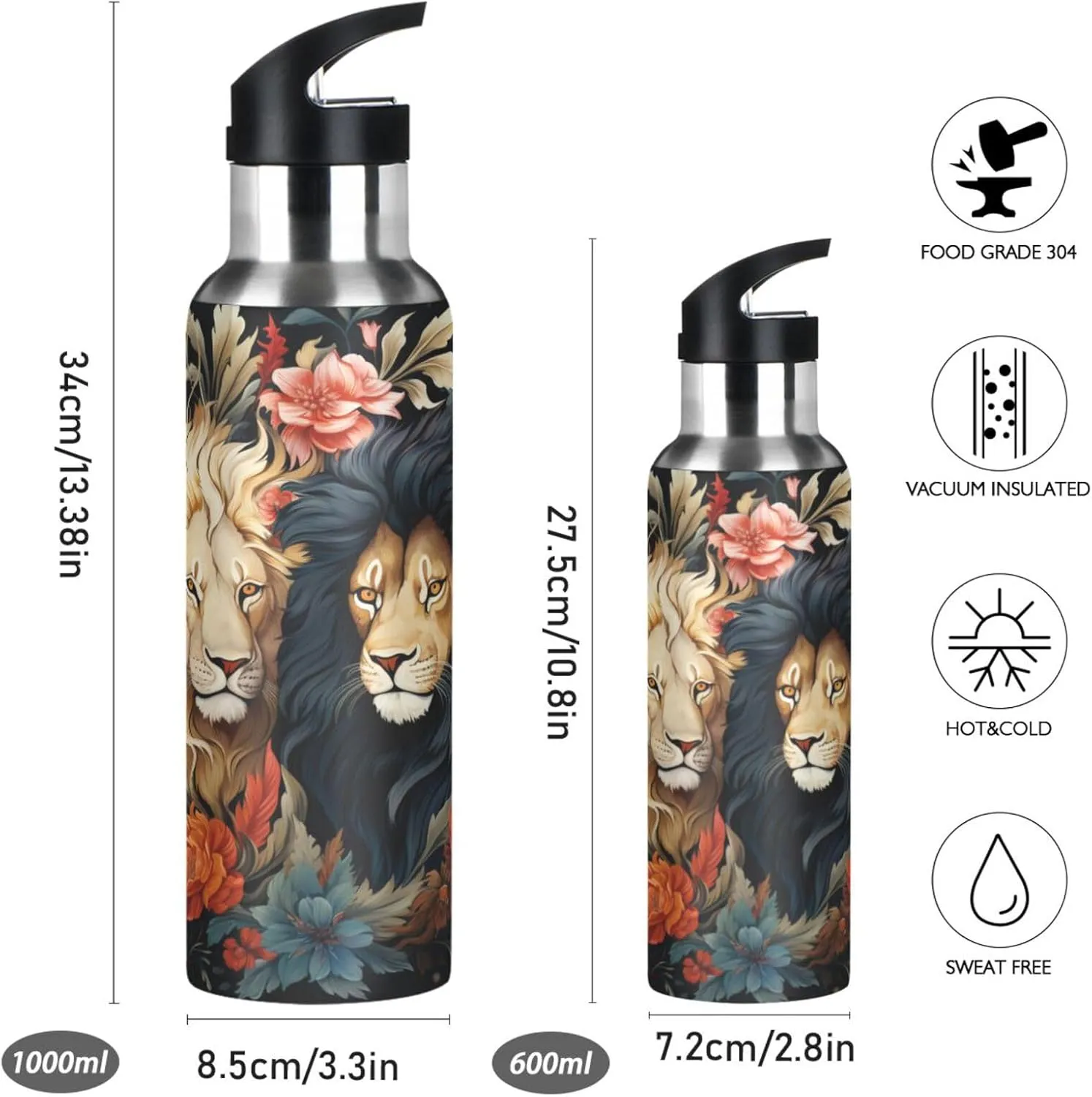 Winter King Lions Sport Water Bottle Insulated Stainless Steel Large Vacuum Flask Leak Proof Thermos with Straw for Travel(600ml/1000ml)