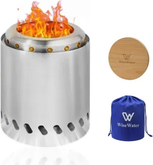 WiseWater Smokeless Fire Pit，8 x 5.5 in Tabletop Fire Pit，Indoor&Outdoor Stainless Steel Portable Mini Stove，Fueled by Pellets or Wood,Travel Bag & Wooden Fireproof Mat Included