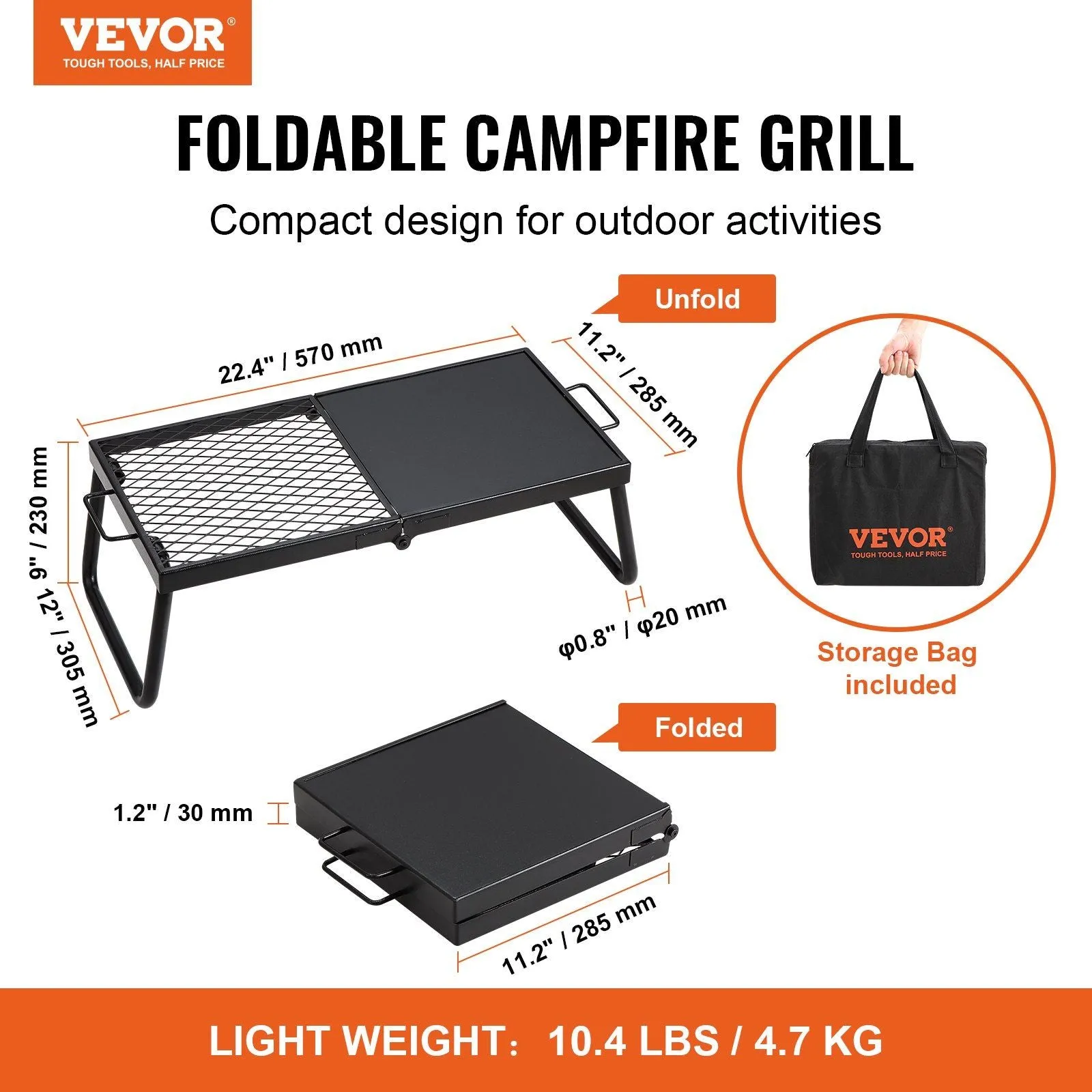 with Steel Heavy Bag, 22.4" Duty Grates Camp Fire Grill, Legs Rack Grilling Open Carrying Equipment 5G-enabled Flame Problem-solving Pit, Grate, Camping Outdoor Portable Cooking for Cooking Fire Folding Over Mesh VEVOR Campfire