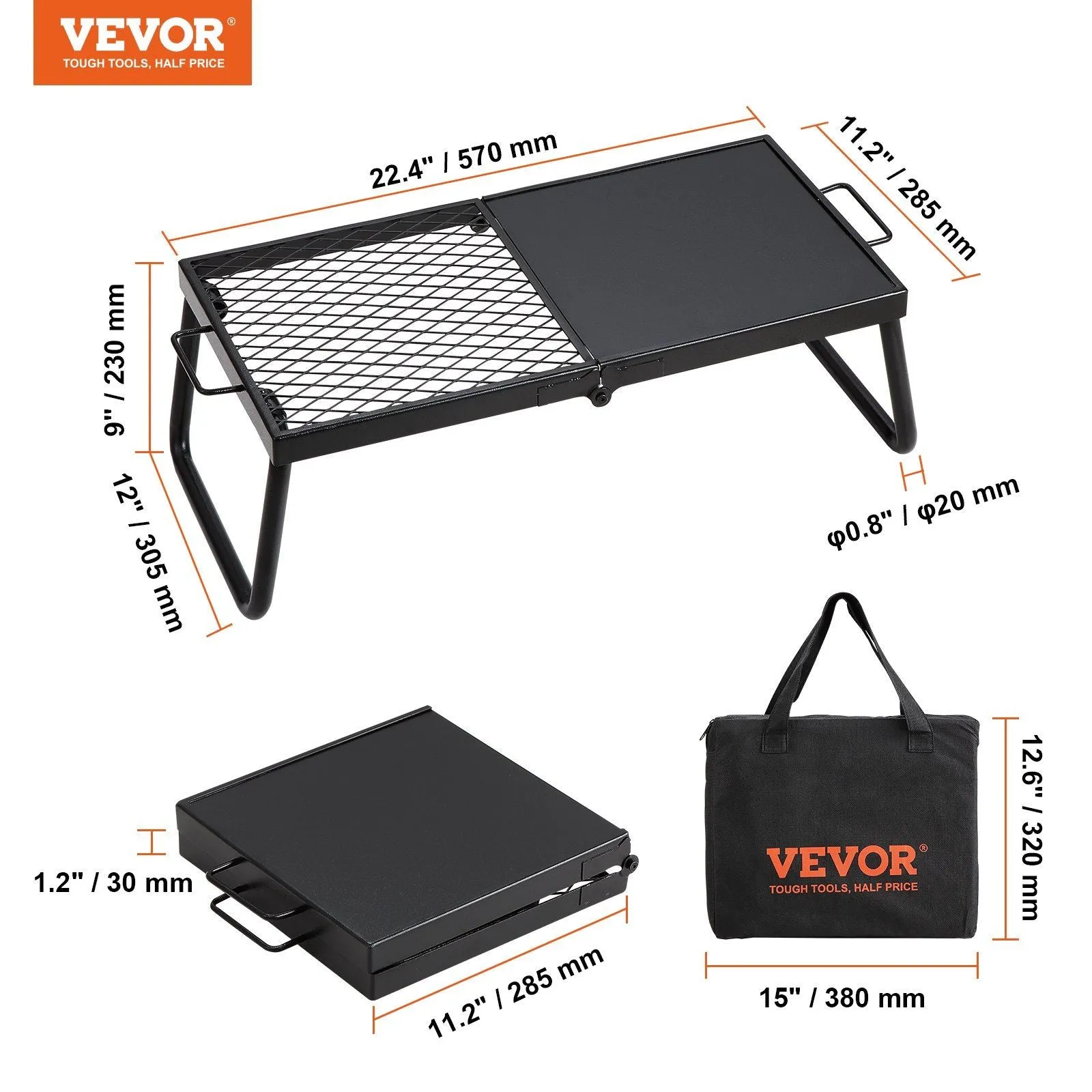 with Steel Heavy Bag, 22.4" Duty Grates Camp Fire Grill, Legs Rack Grilling Open Carrying Equipment 5G-enabled Flame Problem-solving Pit, Grate, Camping Outdoor Portable Cooking for Cooking Fire Folding Over Mesh VEVOR Campfire
