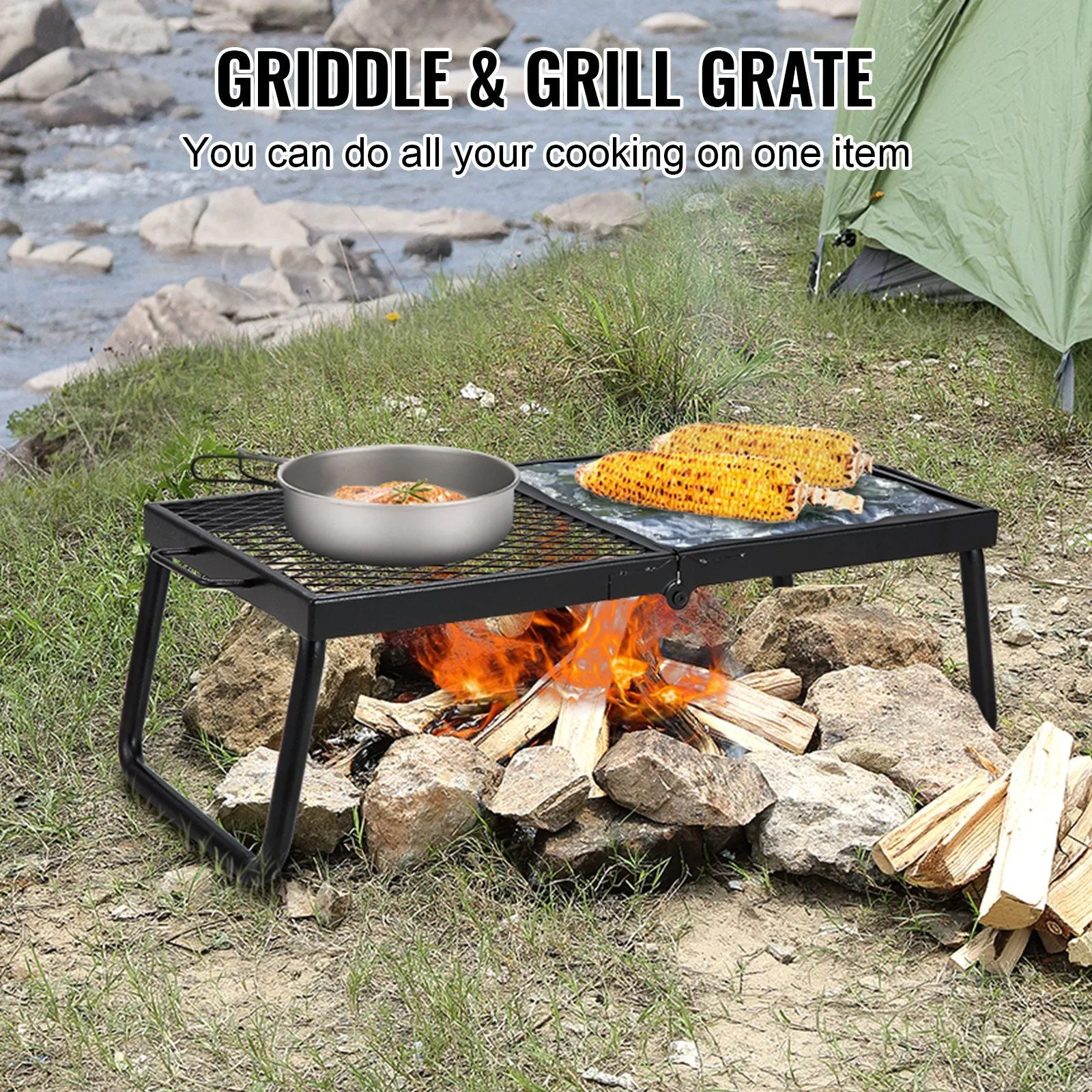with Steel Heavy Bag, 22.4" Duty Grates Camp Fire Grill, Legs Rack Grilling Open Carrying Equipment 5G-enabled Flame Problem-solving Pit, Grate, Camping Outdoor Portable Cooking for Cooking Fire Folding Over Mesh VEVOR Campfire
