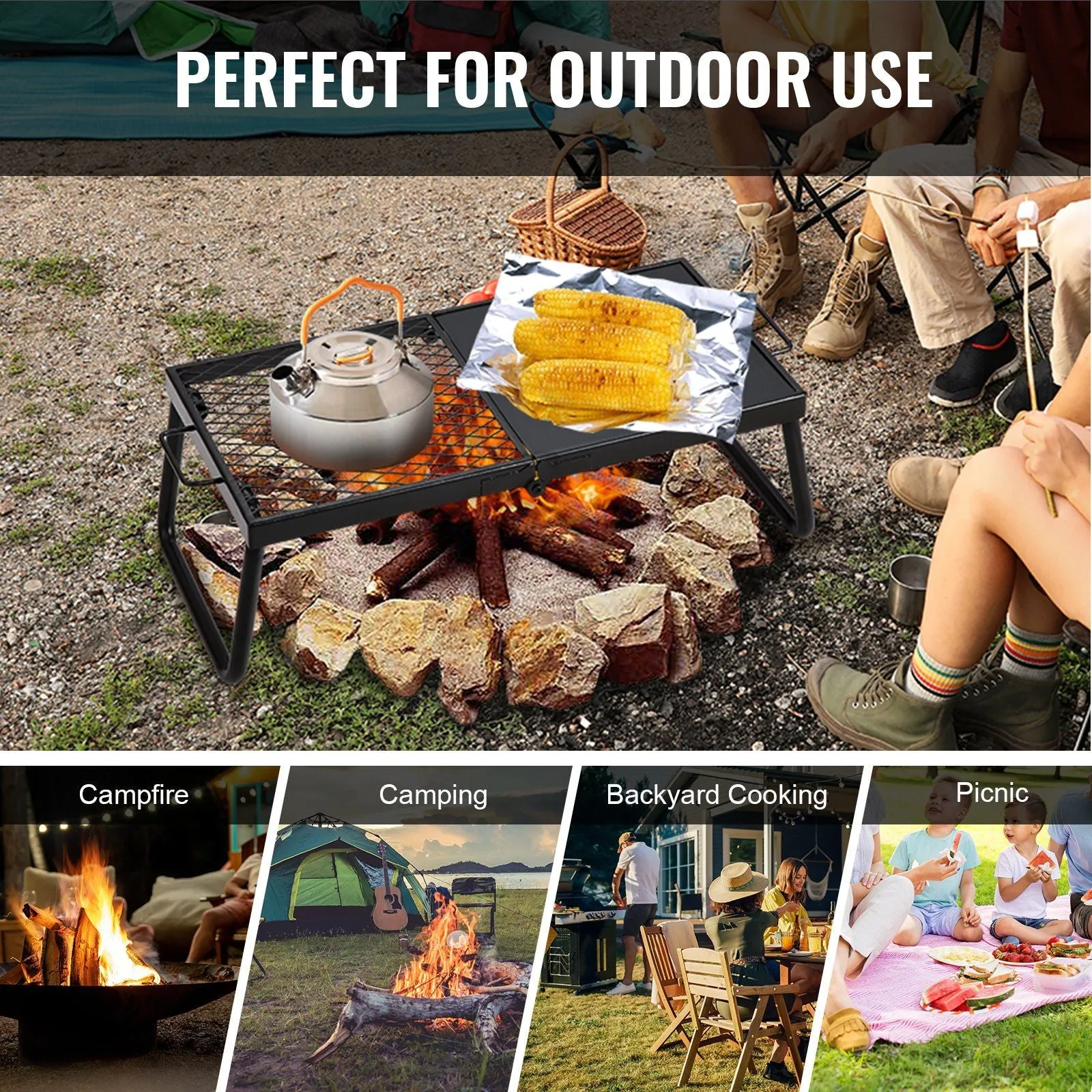 with Steel Heavy Bag, 22.4" Duty Grates Camp Fire Grill, Legs Rack Grilling Open Carrying Equipment 5G-enabled Flame Problem-solving Pit, Grate, Camping Outdoor Portable Cooking for Cooking Fire Folding Over Mesh VEVOR Campfire