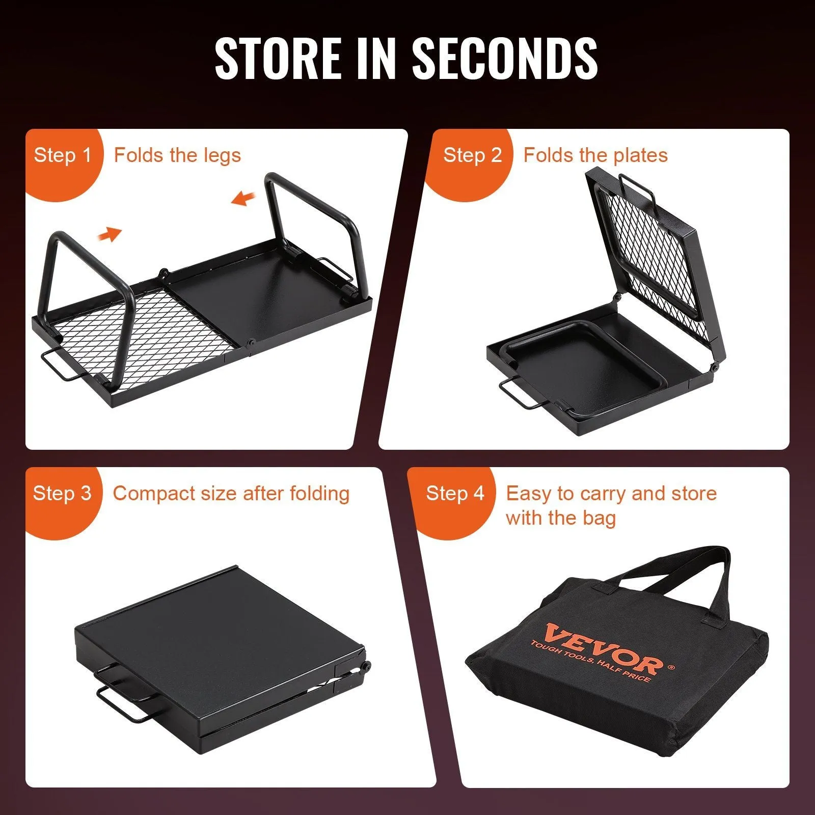with Steel Heavy Bag, 22.4" Duty Grates Camp Fire Grill, Legs Rack Grilling Open Carrying Equipment 5G-enabled Flame Problem-solving Pit, Grate, Camping Outdoor Portable Cooking for Cooking Fire Folding Over Mesh VEVOR Campfire