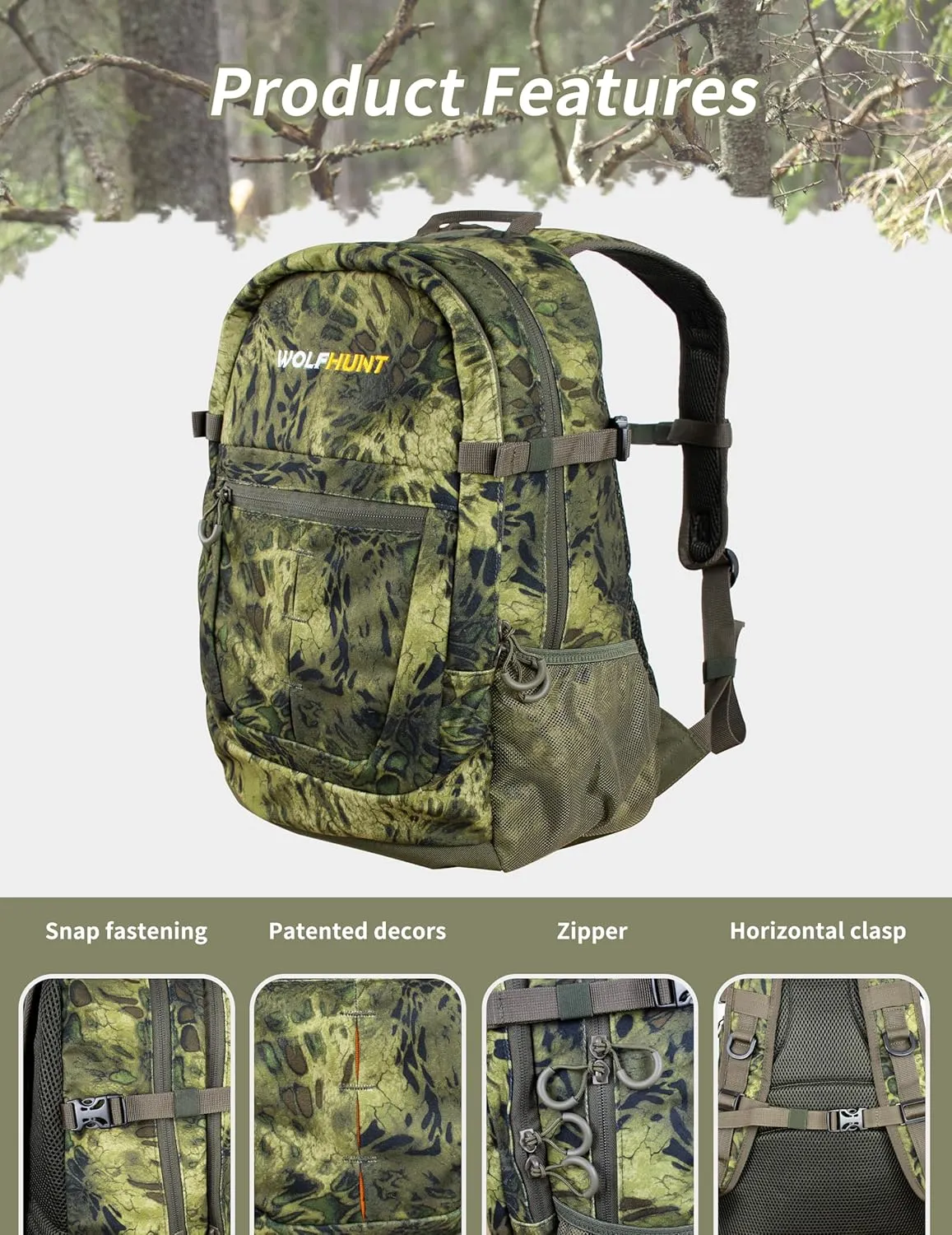 WOLFHUNT Hunting Backpack for Men, Medium Camouflage Hunting Pack Hiking Day Pack for Hiking, Fishing, Shooting, 24 L,Prym1 Woodlands