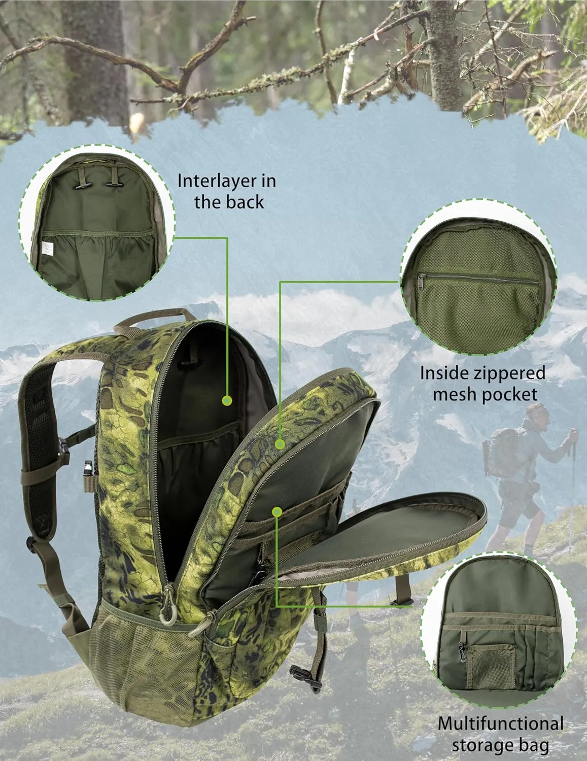 WOLFHUNT Hunting Backpack for Men, Medium Camouflage Hunting Pack Hiking Day Pack for Hiking, Fishing, Shooting, 24 L,Prym1 Woodlands