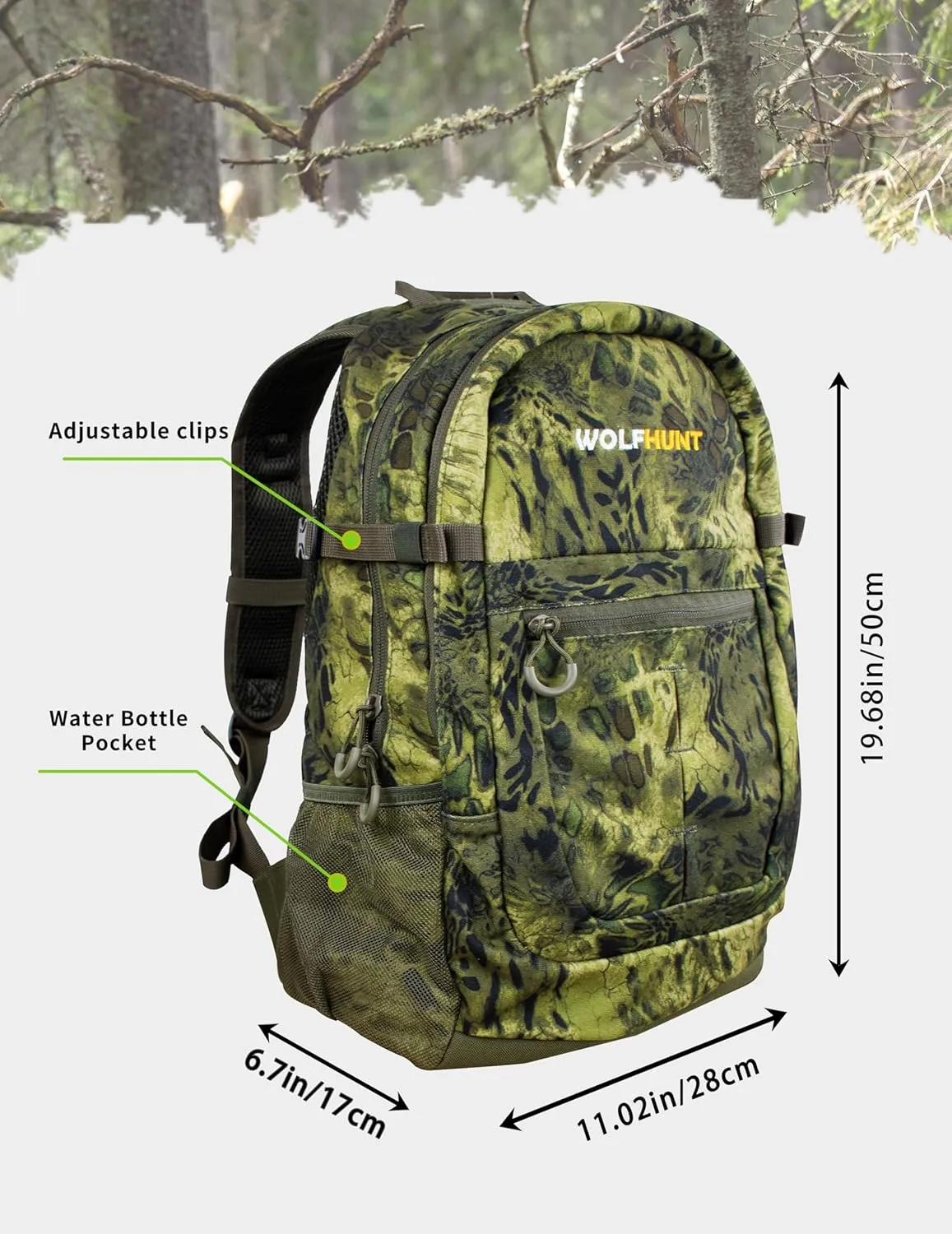 WOLFHUNT Hunting Backpack for Men, Medium Camouflage Hunting Pack Hiking Day Pack for Hiking, Fishing, Shooting, 24 L,Prym1 Woodlands
