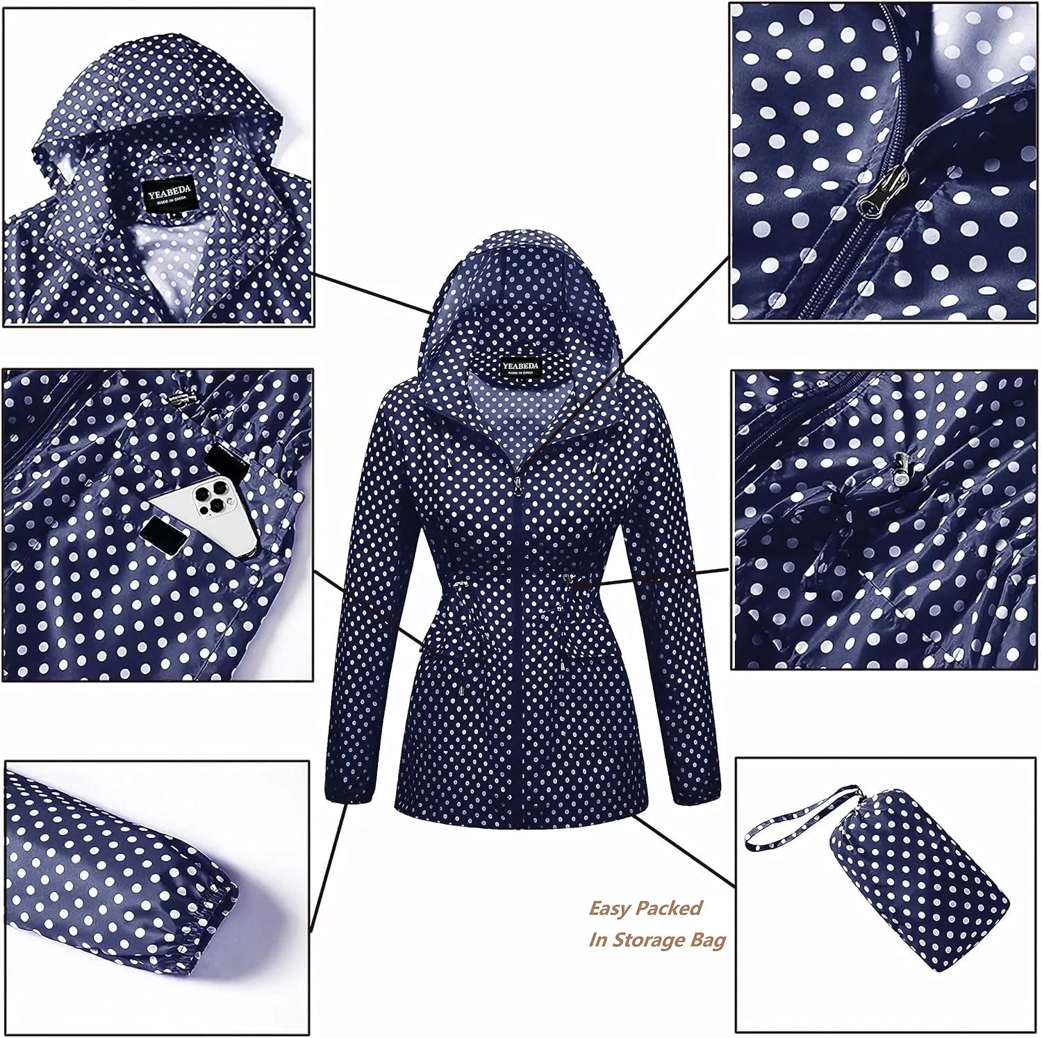 Women-Rain Jacket-Hood Waterproof-Lightweight Windbreak-Packable — Cute RainCoats Travel Polka Dot Ladies With Pouch