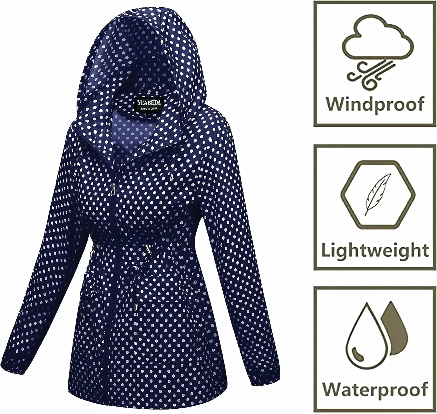 Women-Rain Jacket-Hood Waterproof-Lightweight Windbreak-Packable — Cute RainCoats Travel Polka Dot Ladies With Pouch