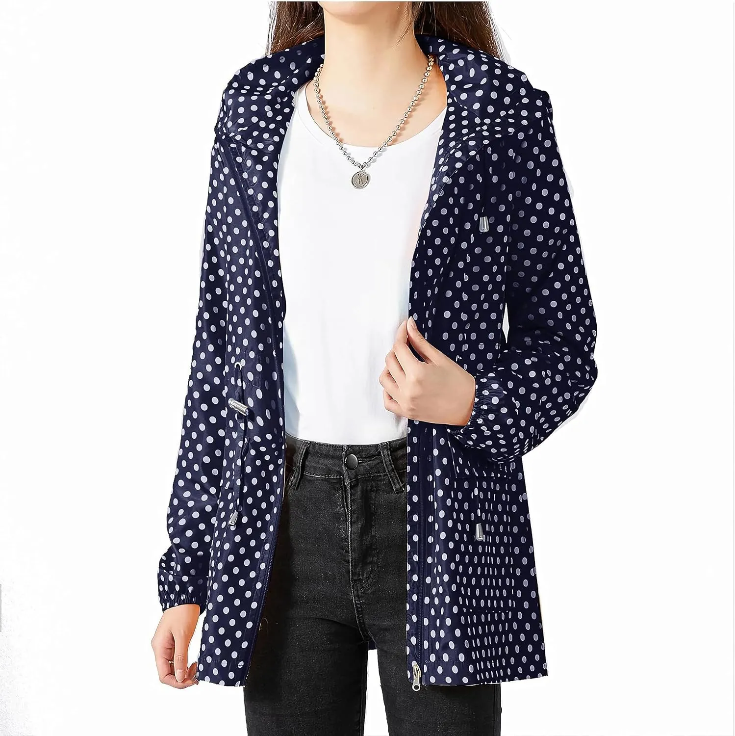 Women-Rain Jacket-Hood Waterproof-Lightweight Windbreak-Packable — Cute RainCoats Travel Polka Dot Ladies With Pouch