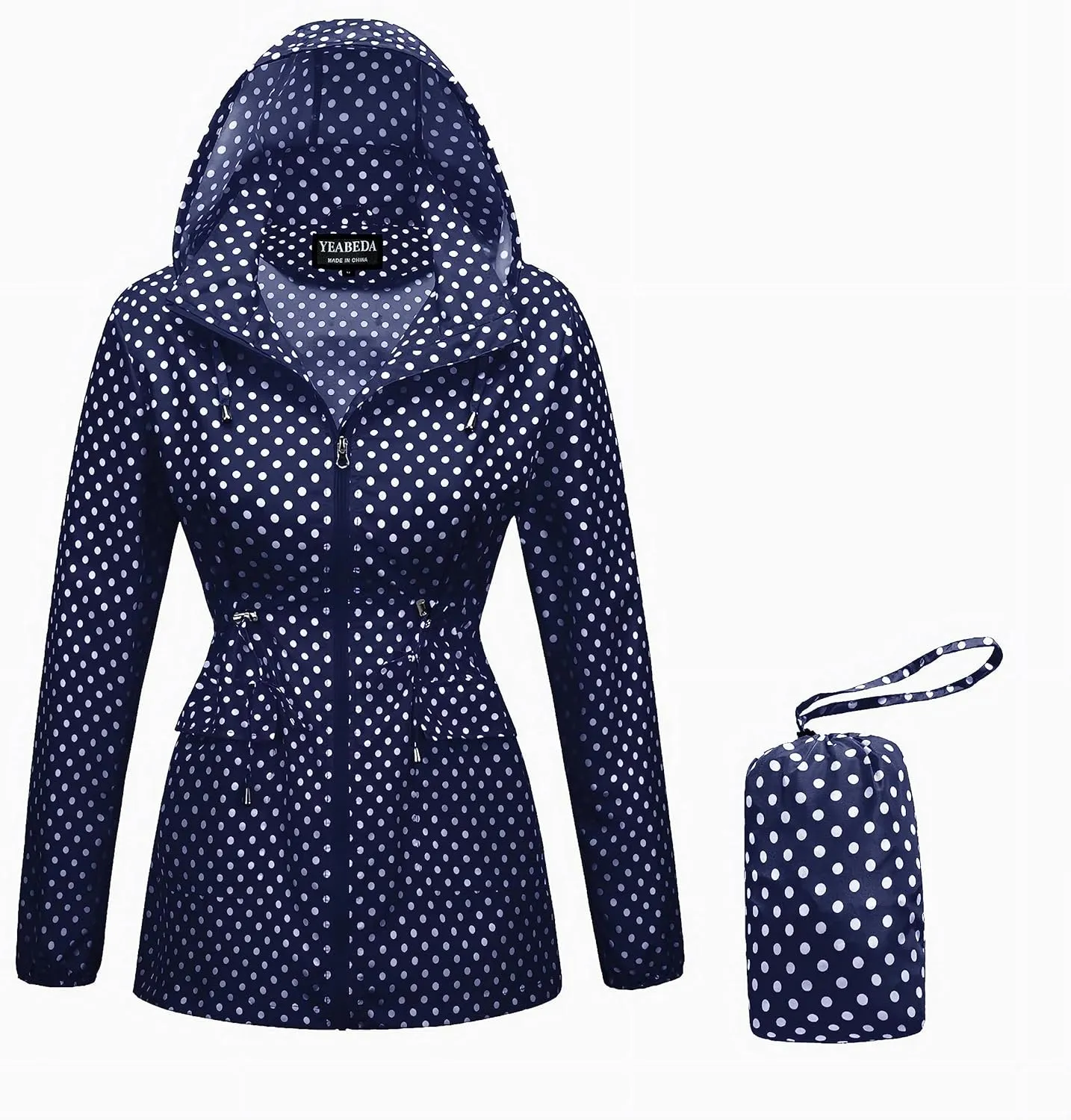 Women-Rain Jacket-Hood Waterproof-Lightweight Windbreak-Packable — Cute RainCoats Travel Polka Dot Ladies With Pouch