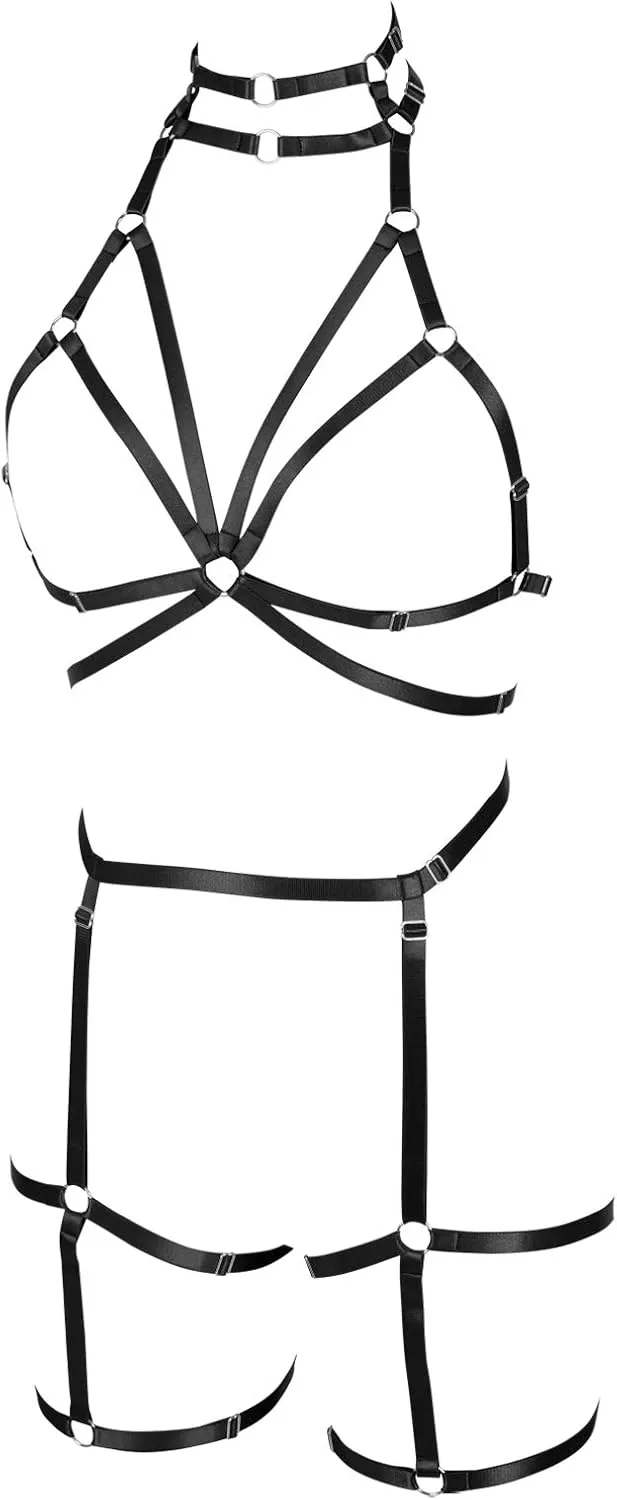 Women's Full Body Harness Bra Garter Belt Lingerie cage Set Chest Strap Gothic Punk Festival Rave Plus Size