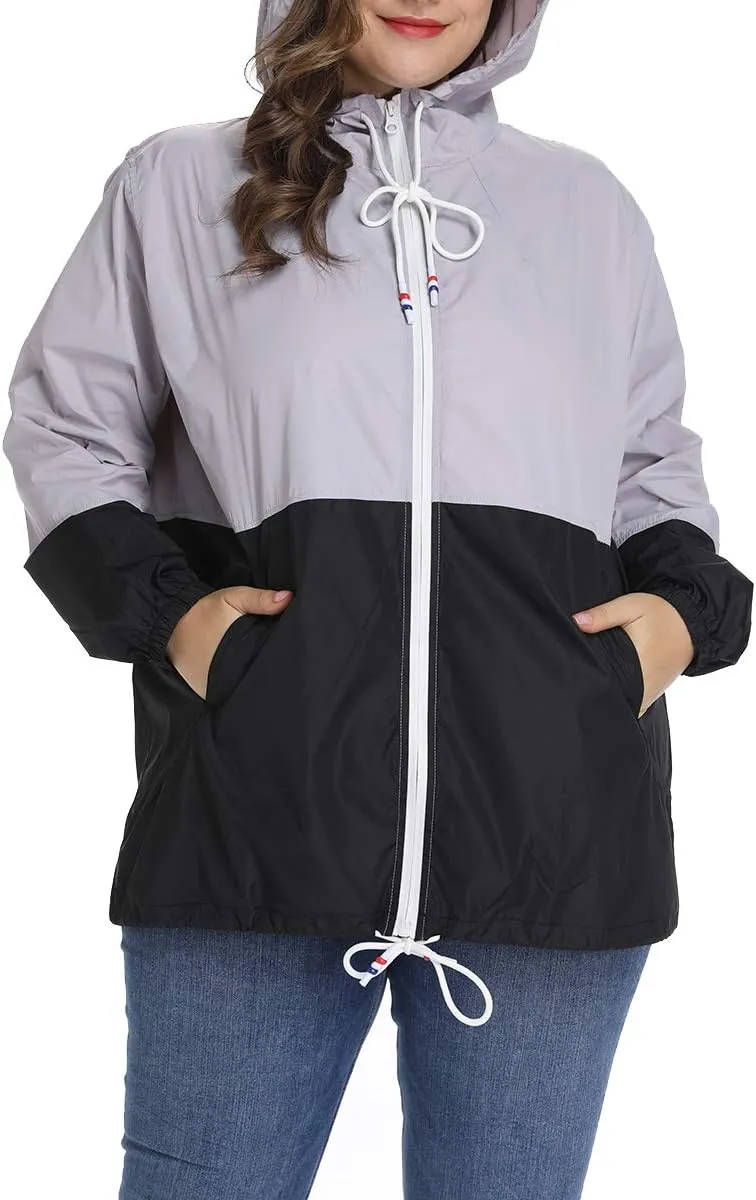 Women's Plus Size Rain Jacket Lightweight Hooded Rain Coat Windbreaker