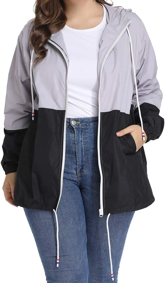 Women's Plus Size Rain Jacket Lightweight Hooded Rain Coat Windbreaker