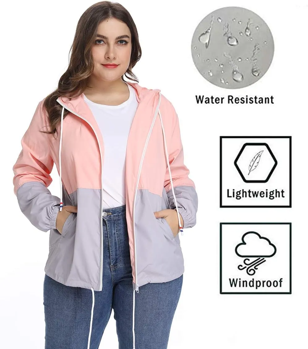 Women's Plus Size Rain Jacket Lightweight Hooded Rain Coat Windbreaker