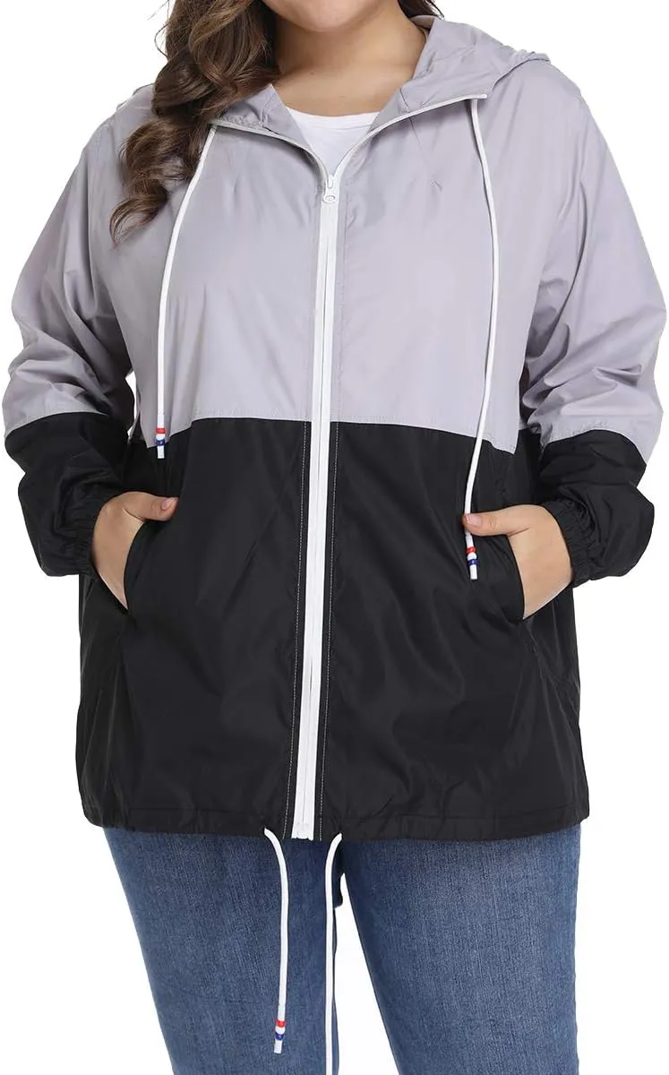 Women's Plus Size Rain Jacket Lightweight Hooded Rain Coat Windbreaker
