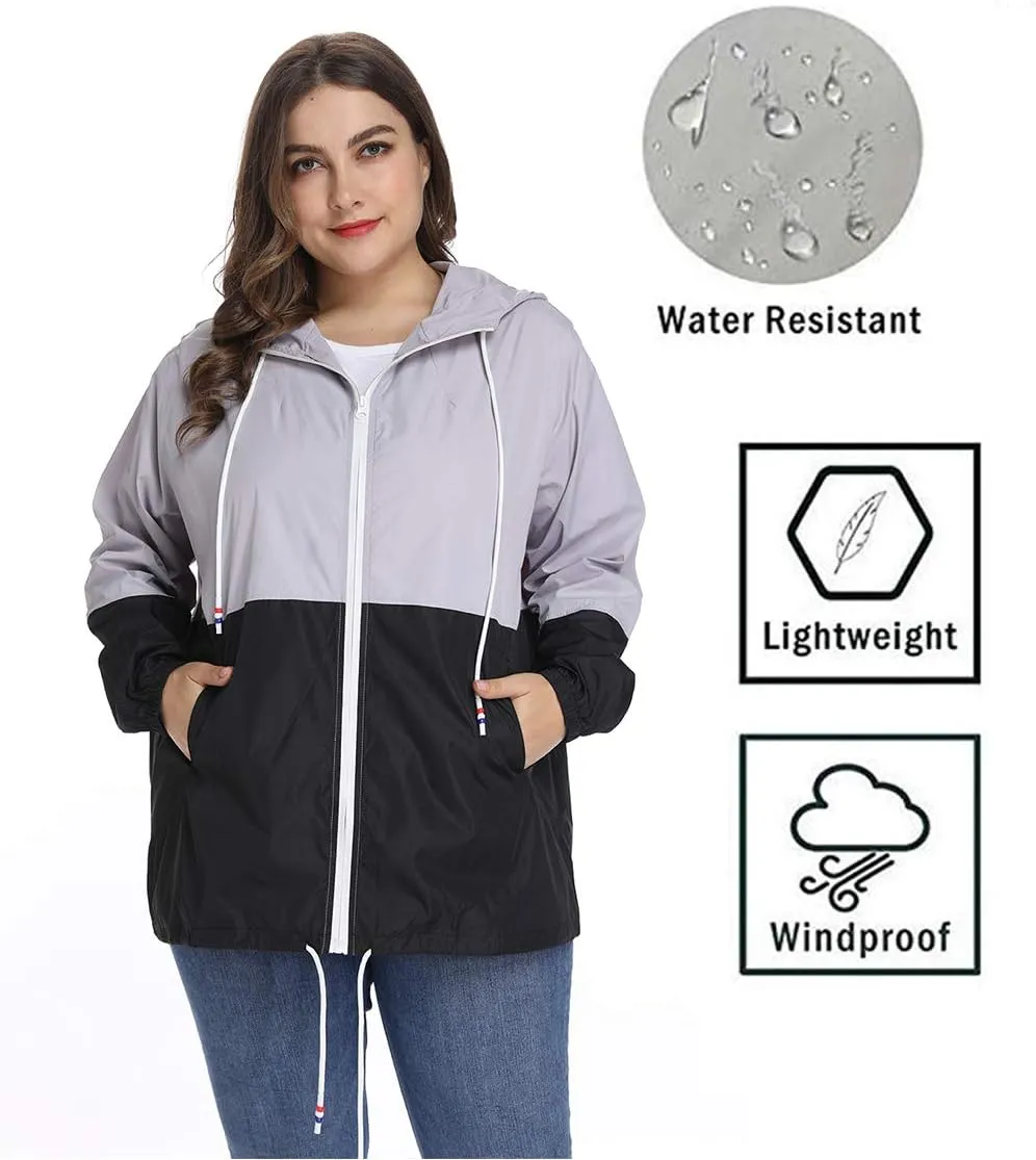 Women's Plus Size Rain Jacket Lightweight Hooded Rain Coat Windbreaker