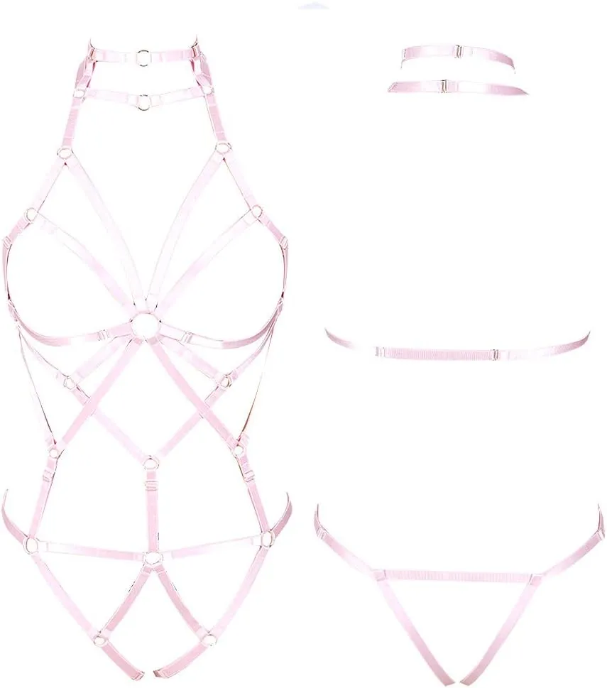 Women's Punk Body Harness Lingerie Full Waist Garter Belts Set Strappy Frame Cage Rave bras
