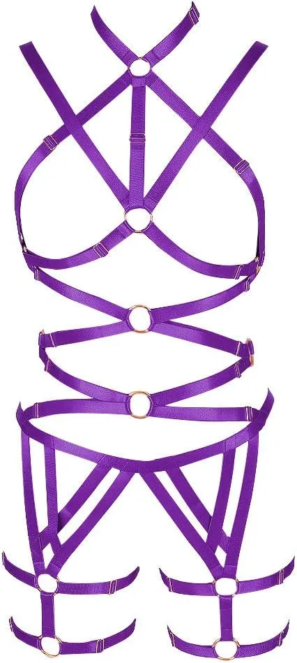 Women's Punk Cut Out Harness Body Cage Bra Full Strappy Lingerie Set Plus Size Garter Belts Goth Halloween Dance Rave