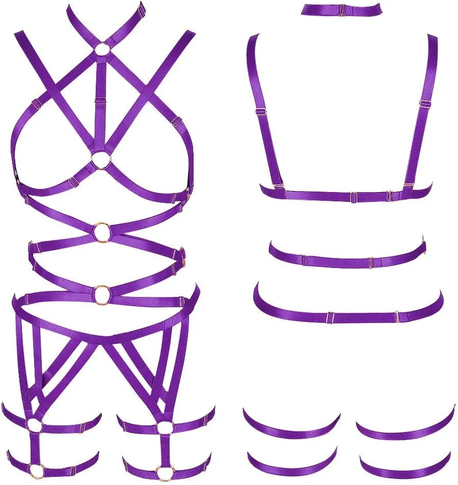 Women's Punk Cut Out Harness Body Cage Bra Full Strappy Lingerie Set Plus Size Garter Belts Goth Halloween Dance Rave