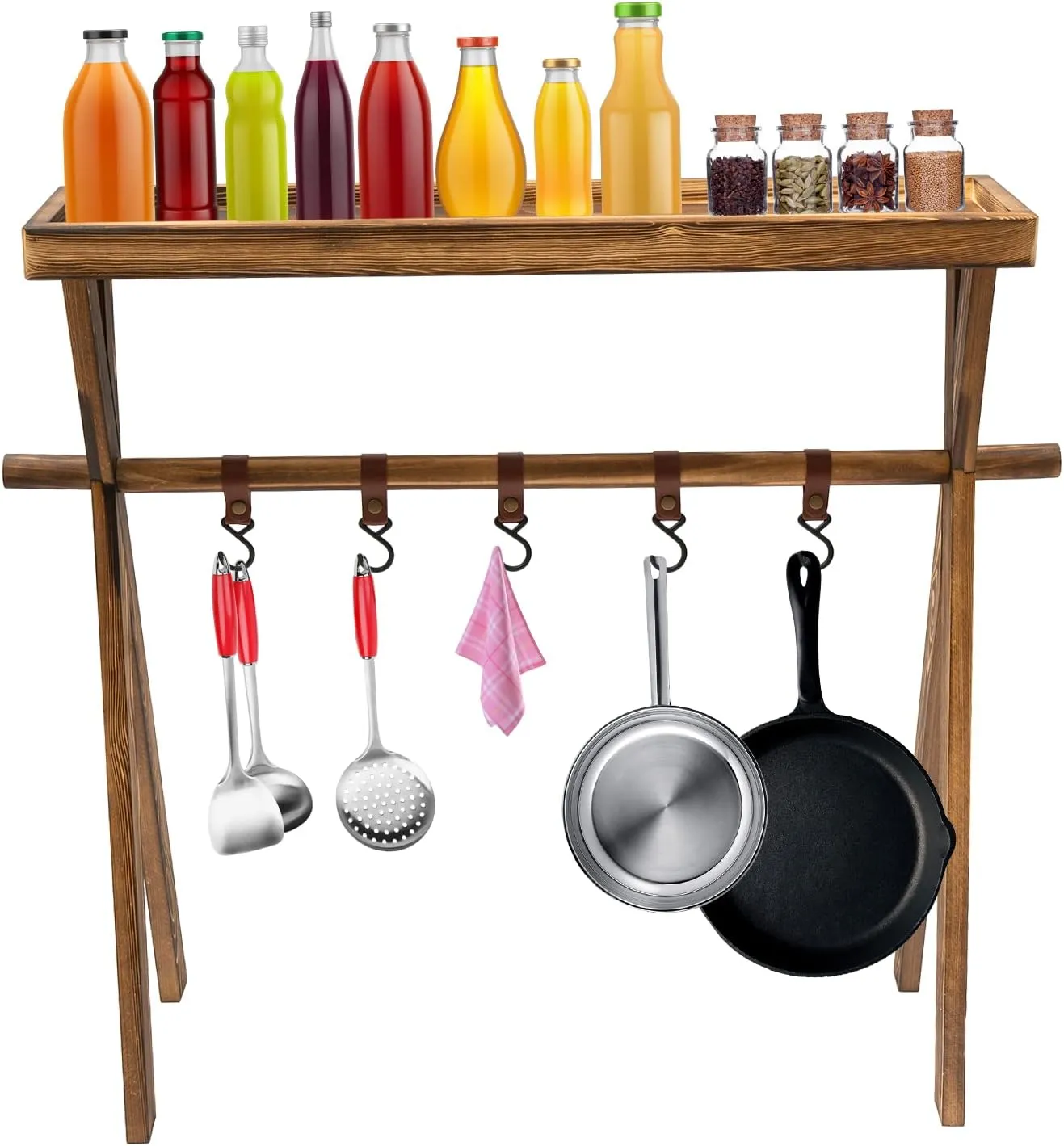 Wooden Portable Picnic Rack Retro Picnic Condiment&Cookware Storage Rack Lightweight Outdoor Storage Shelf w/Hook for Camping Picnic BBQ Home Storage