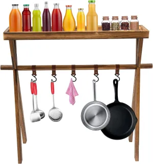 Wooden Portable Picnic Rack Retro Picnic Condiment&Cookware Storage Rack Lightweight Outdoor Storage Shelf w/Hook for Camping Picnic BBQ Home Storage