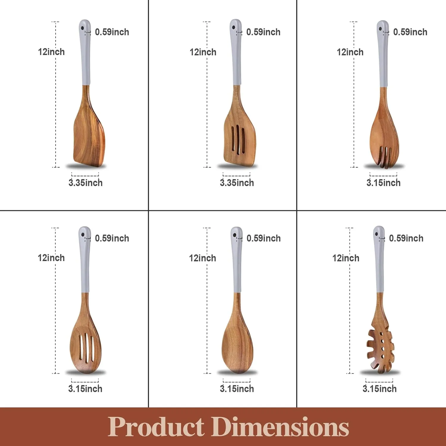 Wooden Spoons For Cooking, 6 Pieces Natural Acacia Wooden Cooking Utensils or Non-Stick Wooden Kitchen Utensil Set for Kitchen Essentials, Wood Cooking Utensils Set with Hanging Hole, Grey