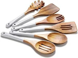 Wooden Spoons For Cooking, 6 Pieces Natural Acacia Wooden Cooking Utensils or Non-Stick Wooden Kitchen Utensil Set for Kitchen Essentials, Wood Cooking Utensils Set with Hanging Hole, Grey