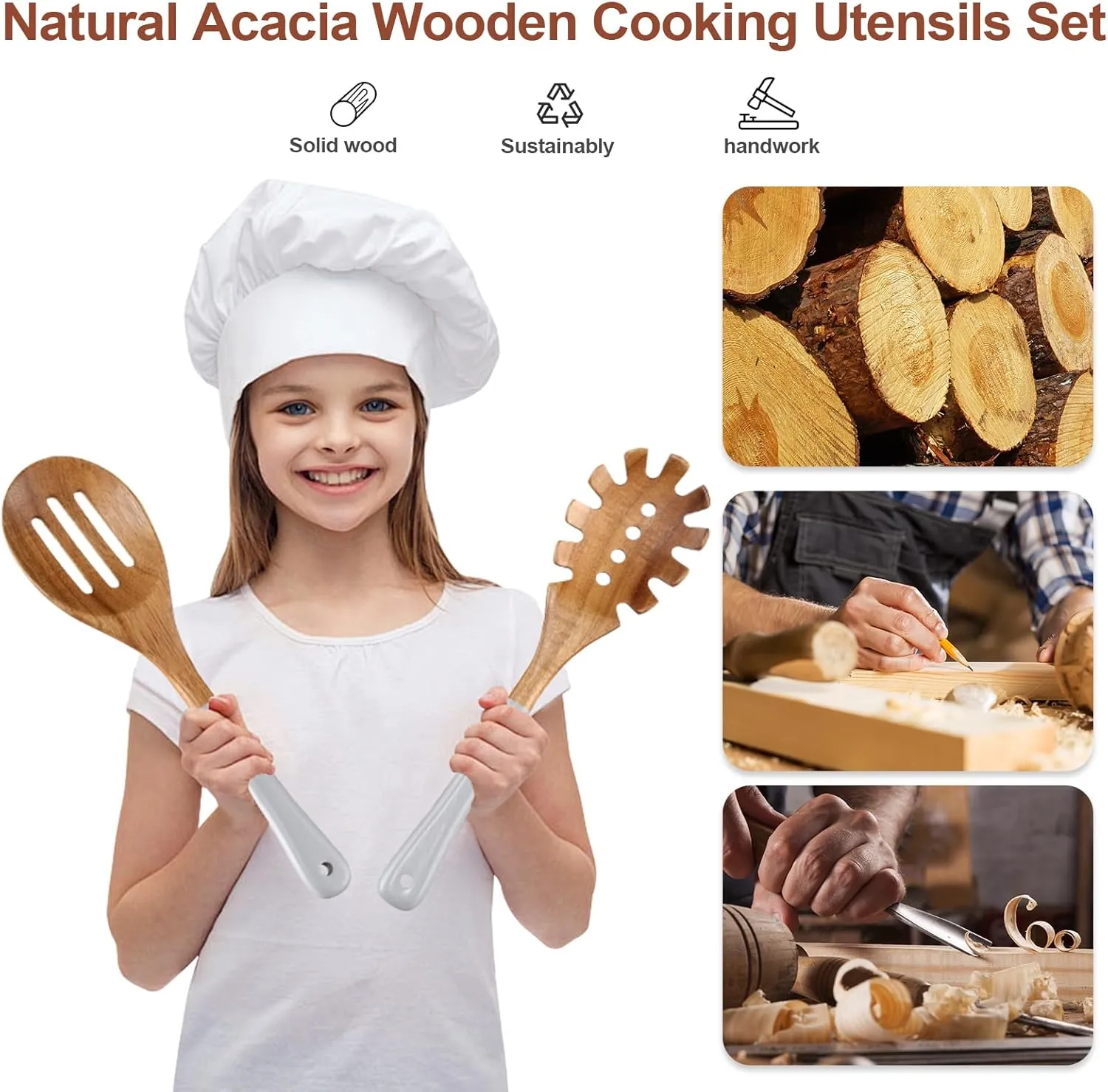 Wooden Spoons For Cooking, 6 Pieces Natural Acacia Wooden Cooking Utensils or Non-Stick Wooden Kitchen Utensil Set for Kitchen Essentials, Wood Cooking Utensils Set with Hanging Hole, Grey